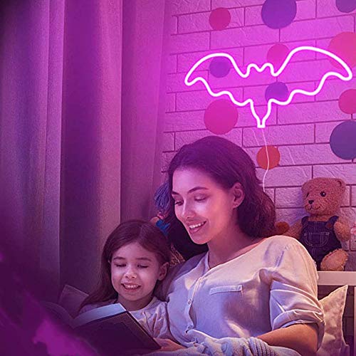 ENUOLI Pink Neon Light Bat Sign - USB/Battery Powered LED Wall Art Decor for Kids Bedroom, Christmas Party & Bar - Unique Night Light for Home, Game Room & Halloween Decorations