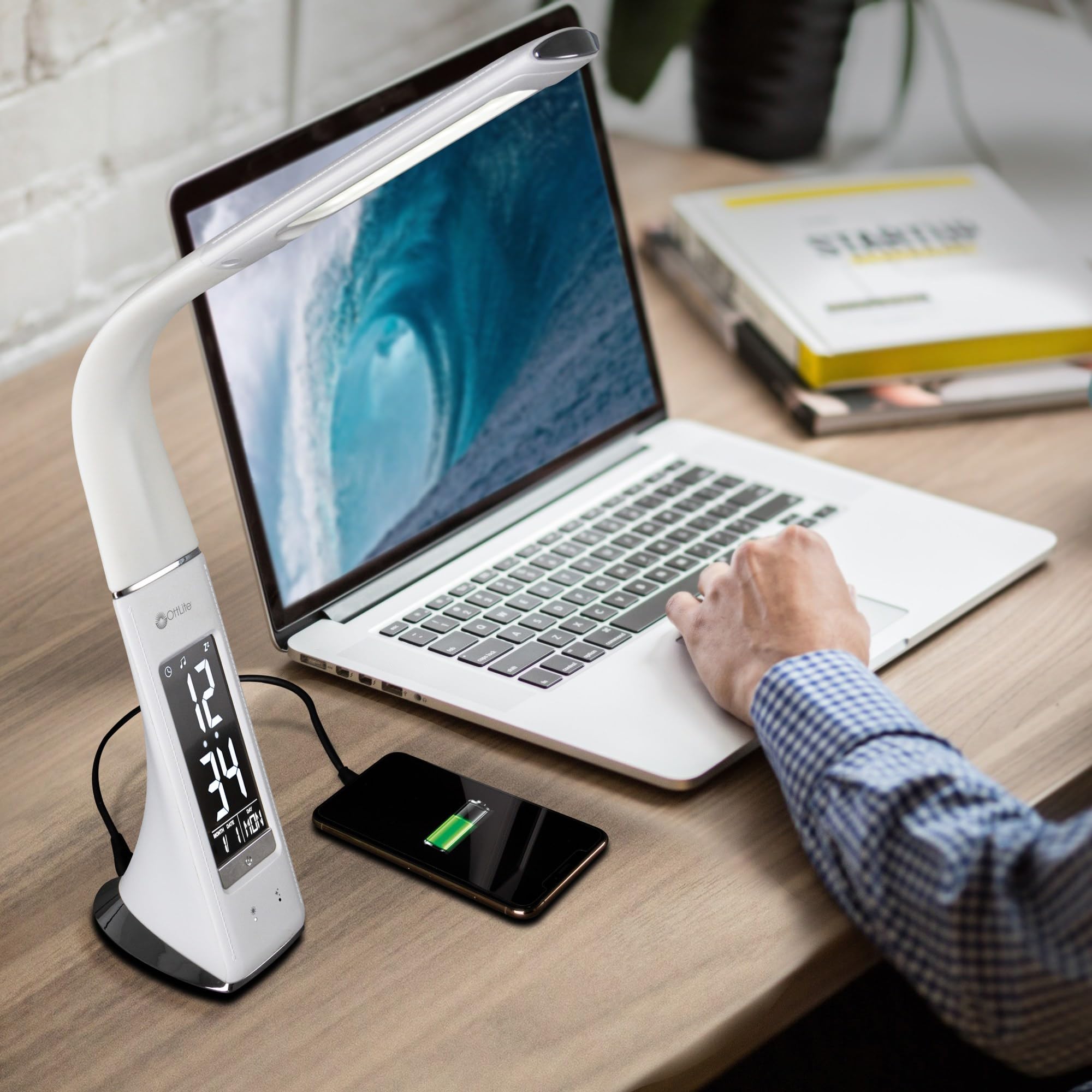 OttLite Thrive LED Sanitizing Desk Lamp with Digital Clock & USB Charger - 99.9% Bacteria Elimination, Touch Control, Adjustable Gooseneck for Home Office, Reading, Crafting | Perfect for Nightstands, Dorm Rooms & Workspaces