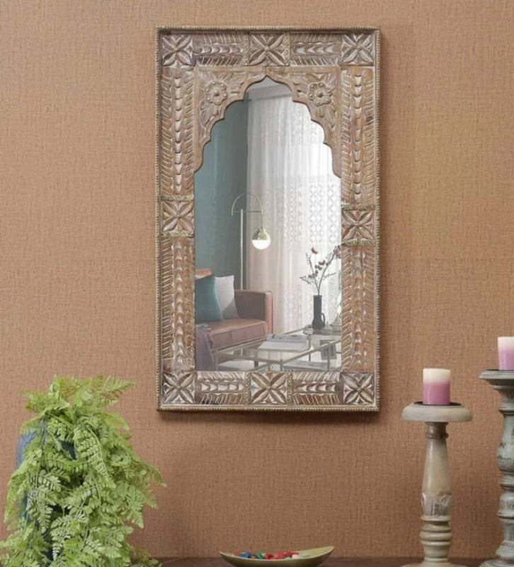 Hand Carved Wooden Wall Mirror Frame - Boho Home Decor for Living Room, Bedroom & Entryway | Rustic Vintage Style Decorative Mirror with Unique Carvings