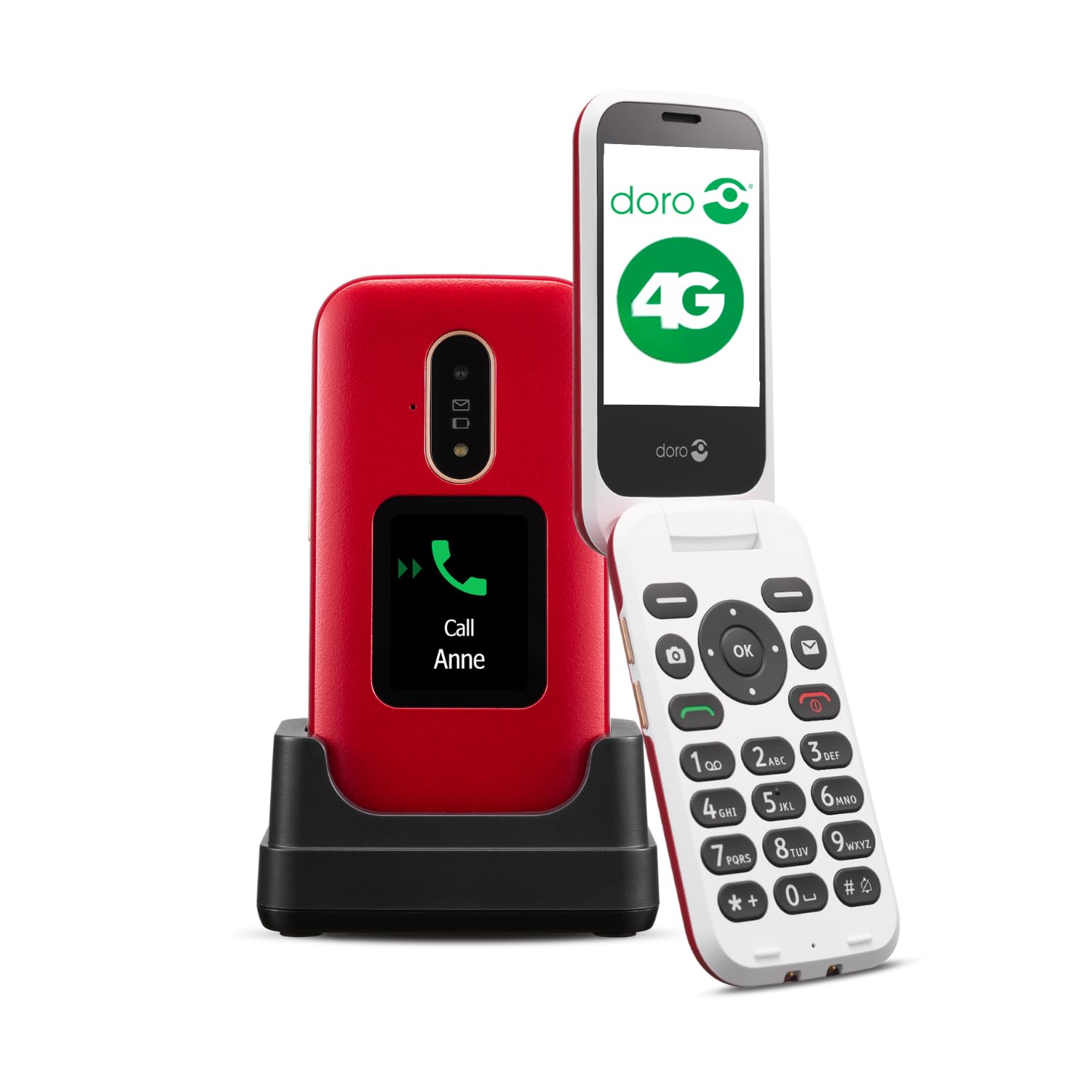 Doro 6880 4G Unlocked Flip Phone for Seniors - Big Button Easy-to-Use Mobile with Talking Number Keys, SOS Button, Charging Dock & Large Display (Red) | Perfect for Elderly Parents & Emergency Use at Home or Travel
