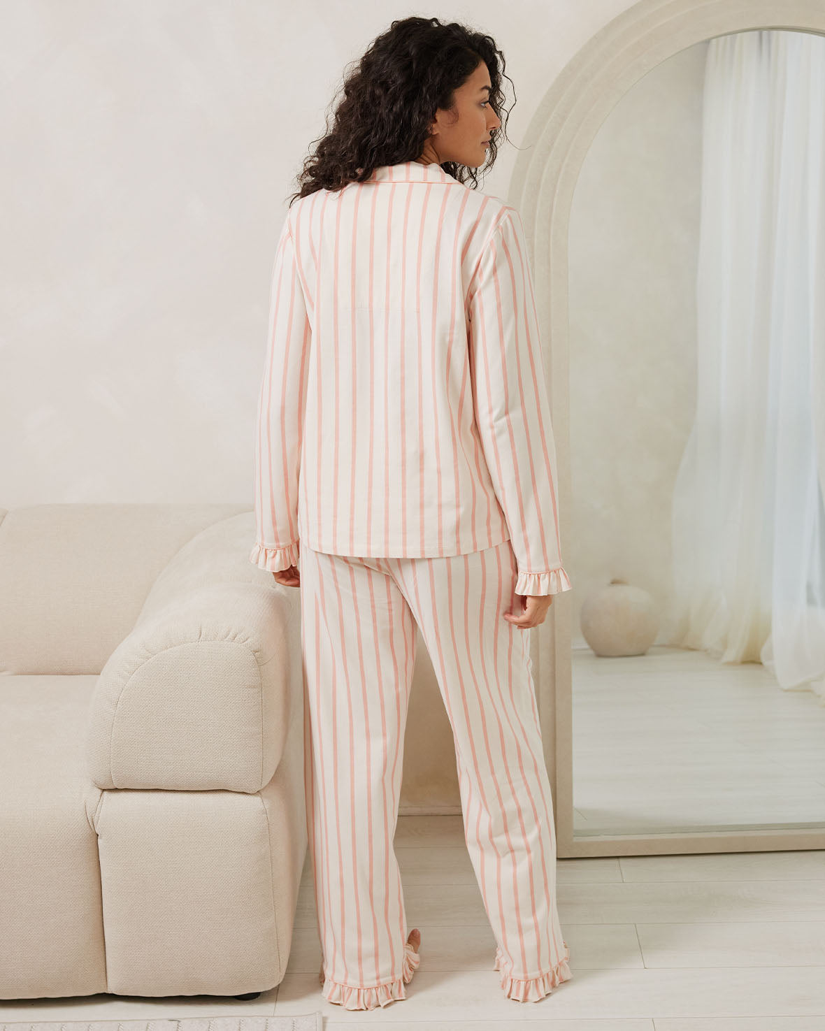Organic Cotton Pink Striped Frill Long Pajama Set for Women - Soft & Comfortable Sleepwear for Nighttime Relaxation and Lounging