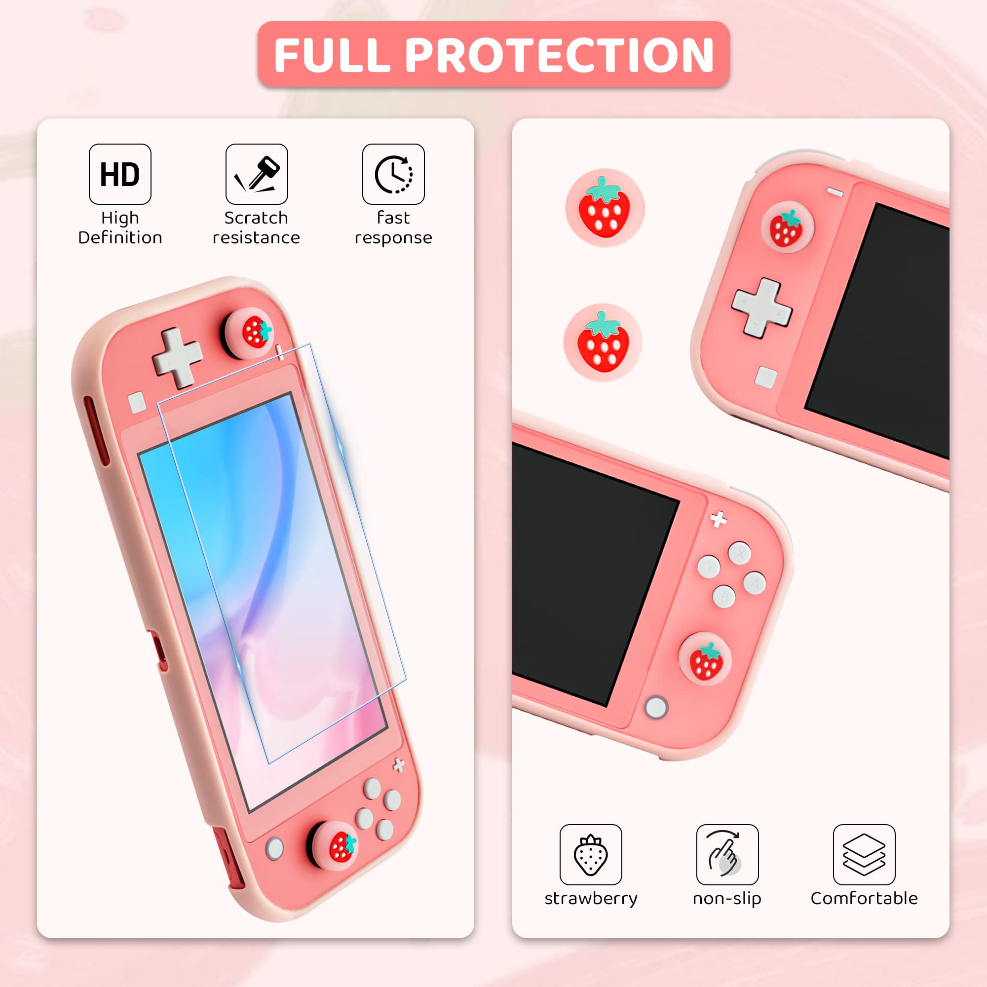 **FUNDIARY Nintendo Switch Lite Carrying Case - Pink Strawberry Design, Slim Portable Storage Bag with Soft TPU Cover, Shoulder Strap, Screen Protector & 2 Thumb Grips - Perfect for Travel, Gaming On-The-Go & Protective Storage**