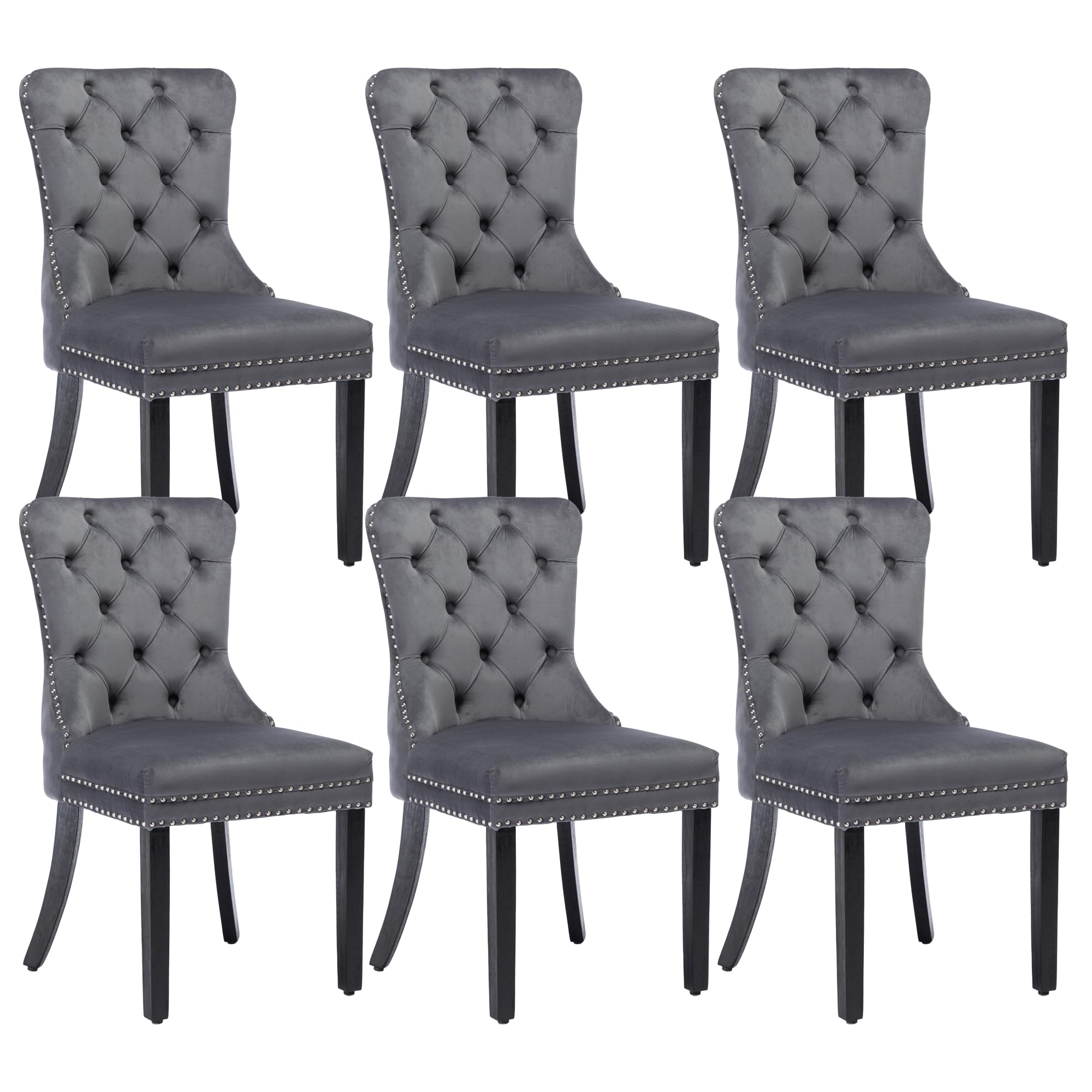 Luxury Velvet Dining Chairs Set of 6 - Modern Upholstered Tufted Kitchen Chairs with Nailhead Trim & Solid Wood Legs, Nikki Collection (Grey) - Perfect for Dining Room, Kitchen, Restaurant or Home Decor