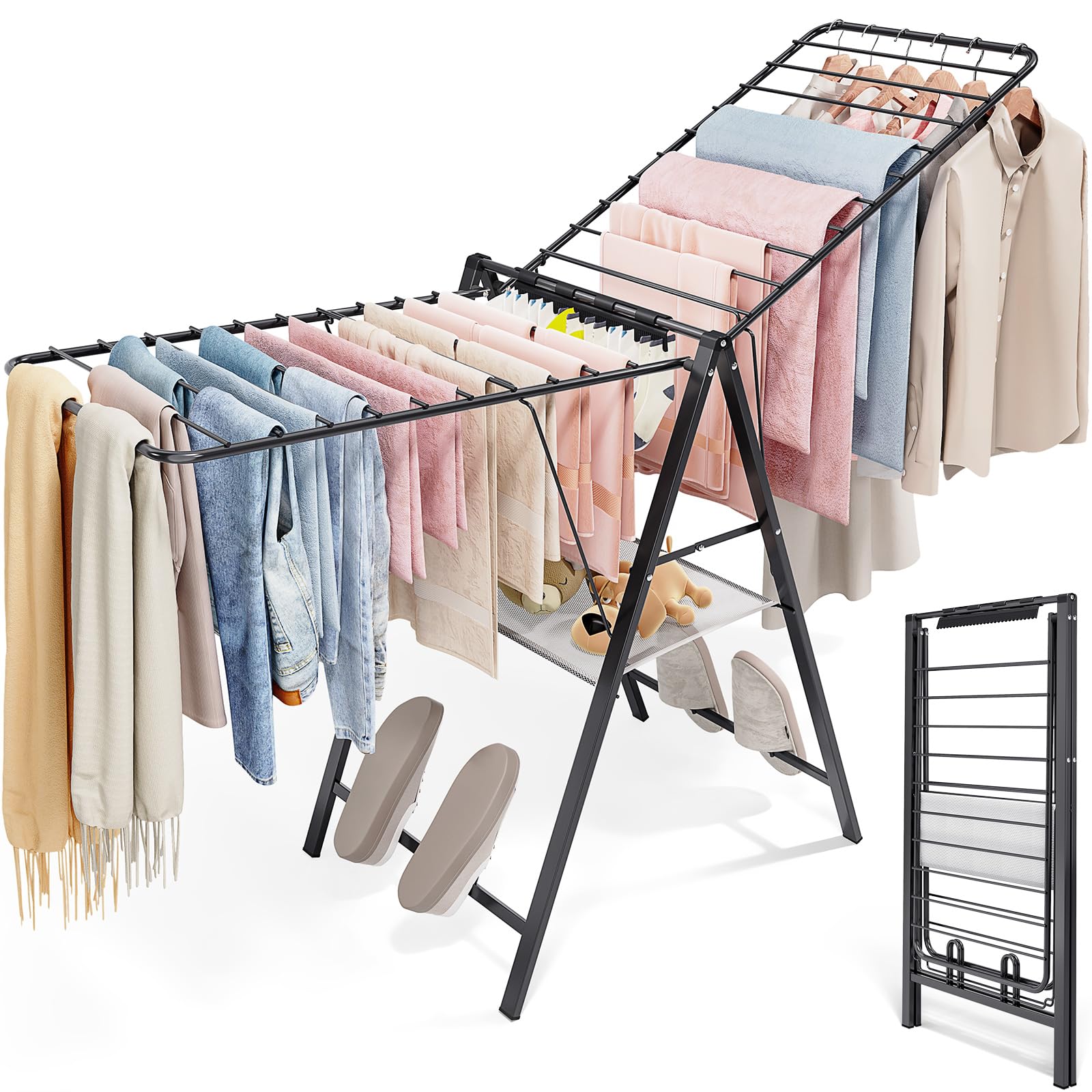 APEXCHASER Foldable Metal Clothes Drying Rack - Adjustable Height Collapsible Laundry Rack for Sweaters, Bras & Towels | Ultra Thin Space Saving Design | Indoor & Outdoor Use for Apartments, Camping & Travel | Black Gullwing Clothes Airer