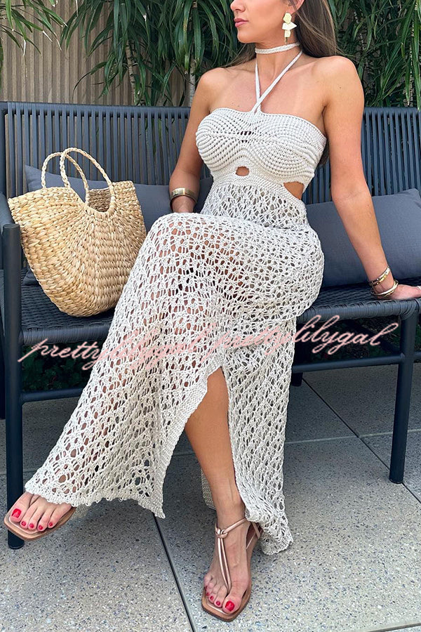 Elegant Sunset Beach Stroll Knit Texture Cutout Detail Halter Stretch Maxi Dress - Perfect for Summer Vacations, Beach Weddings & Boho Chic Outfits