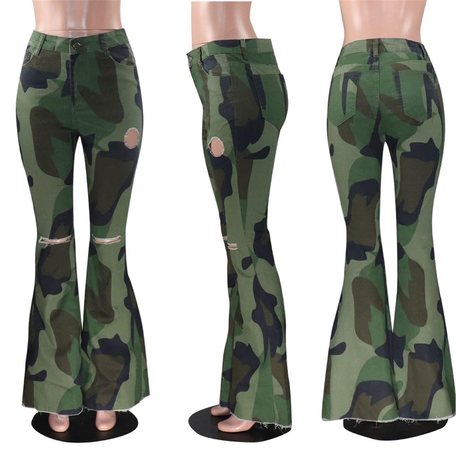 Lucuna Women's High Waisted Flare Camo Jeans - Y2K Vintage Army Fatigue Ripped Bell Bottom Denim Pants for Casual Wear & Street Fashion