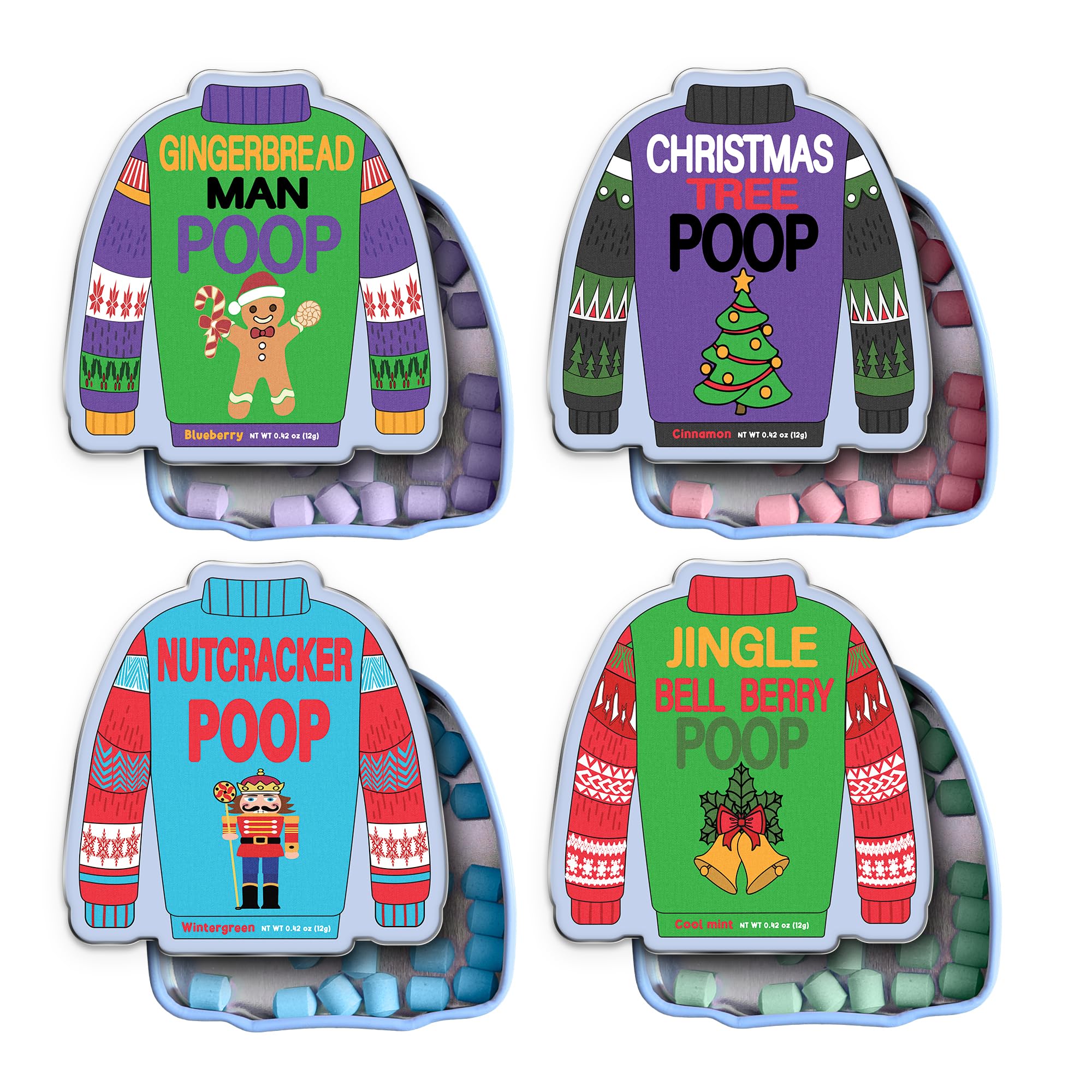 Funny Christmas Poop Mint Candy 4-Pack in Ugly Sweater Tins - Holiday Breath Mints for Adults & Teens - Unique Stocking Stuffers & Gifts for Christmas Parties, Office Exchanges & Secret Santa