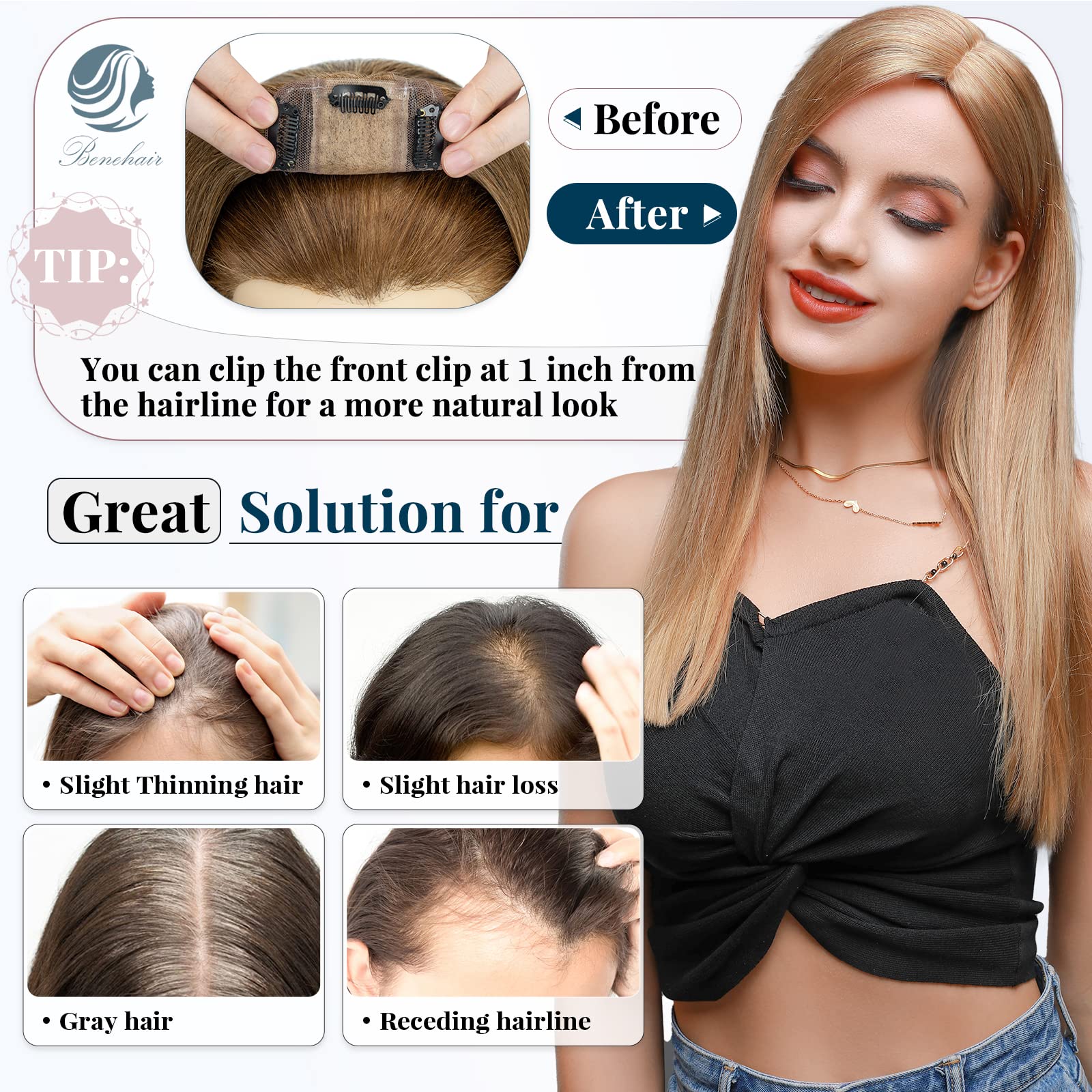 Benehair 12 Inch Human Hair Topper for Women - Remy Real Silk Base Clip-In Hair Topper - Light Brown #06 (33g) - Natural Look for Thinning Hair & Hair Loss - Perfect for Daily Wear, Parties & Special Occasions