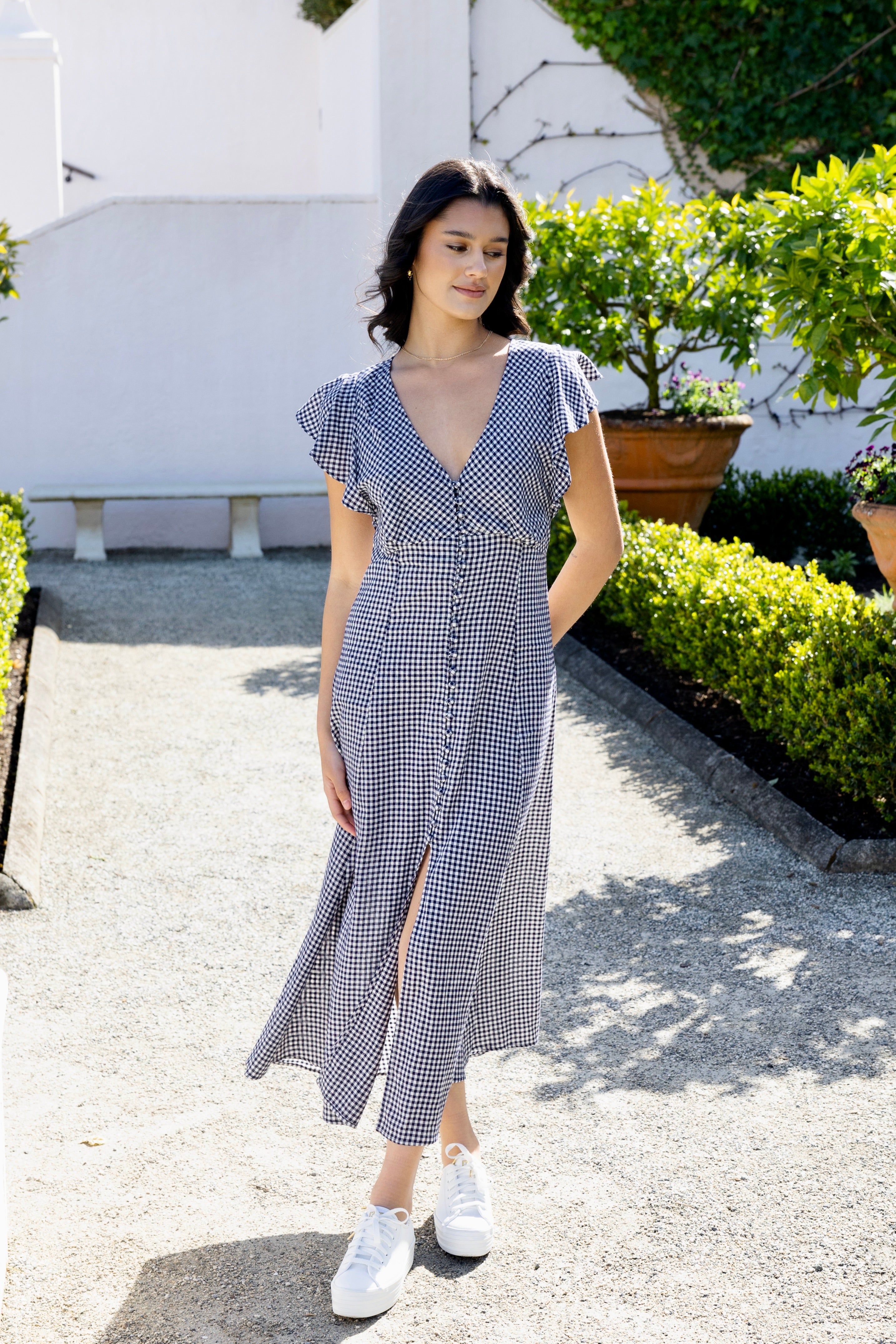 Flawless Navy Gingham Fluted Sleeve Button Front Midi Dress for Women - Elegant Summer Office Wear & Garden Party Outfit