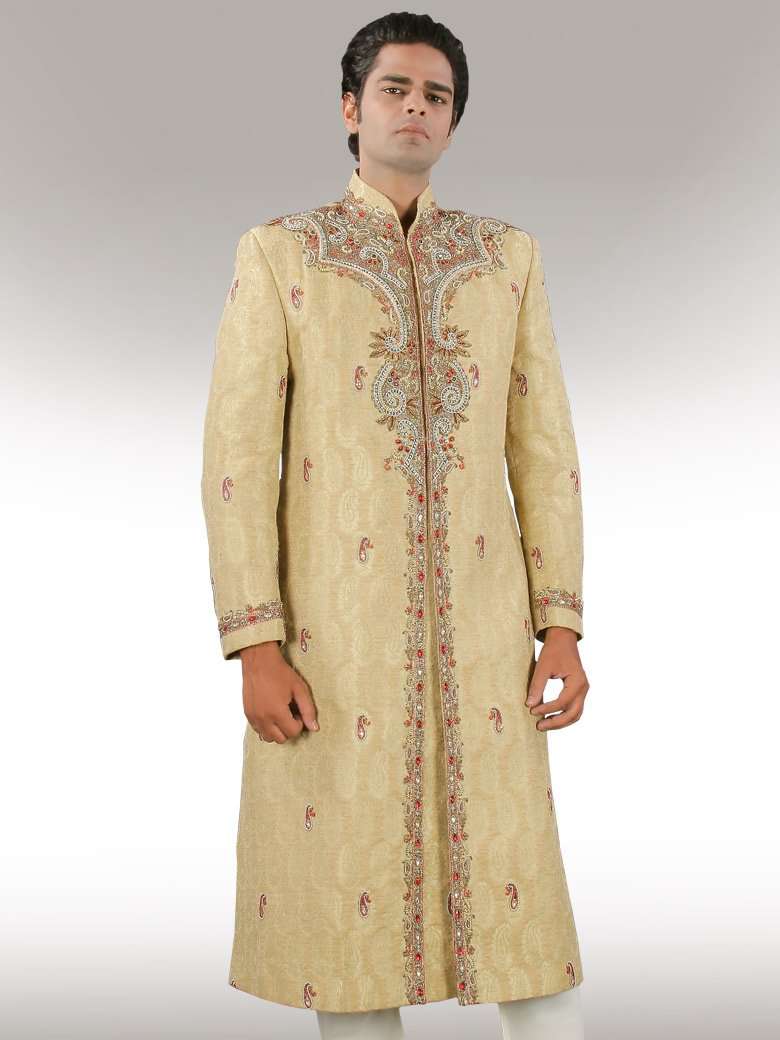 Ehan Cream Front Opening Designer Sherwani for Men - Traditional Indian Wedding Attire & Festive Occasion Outfit