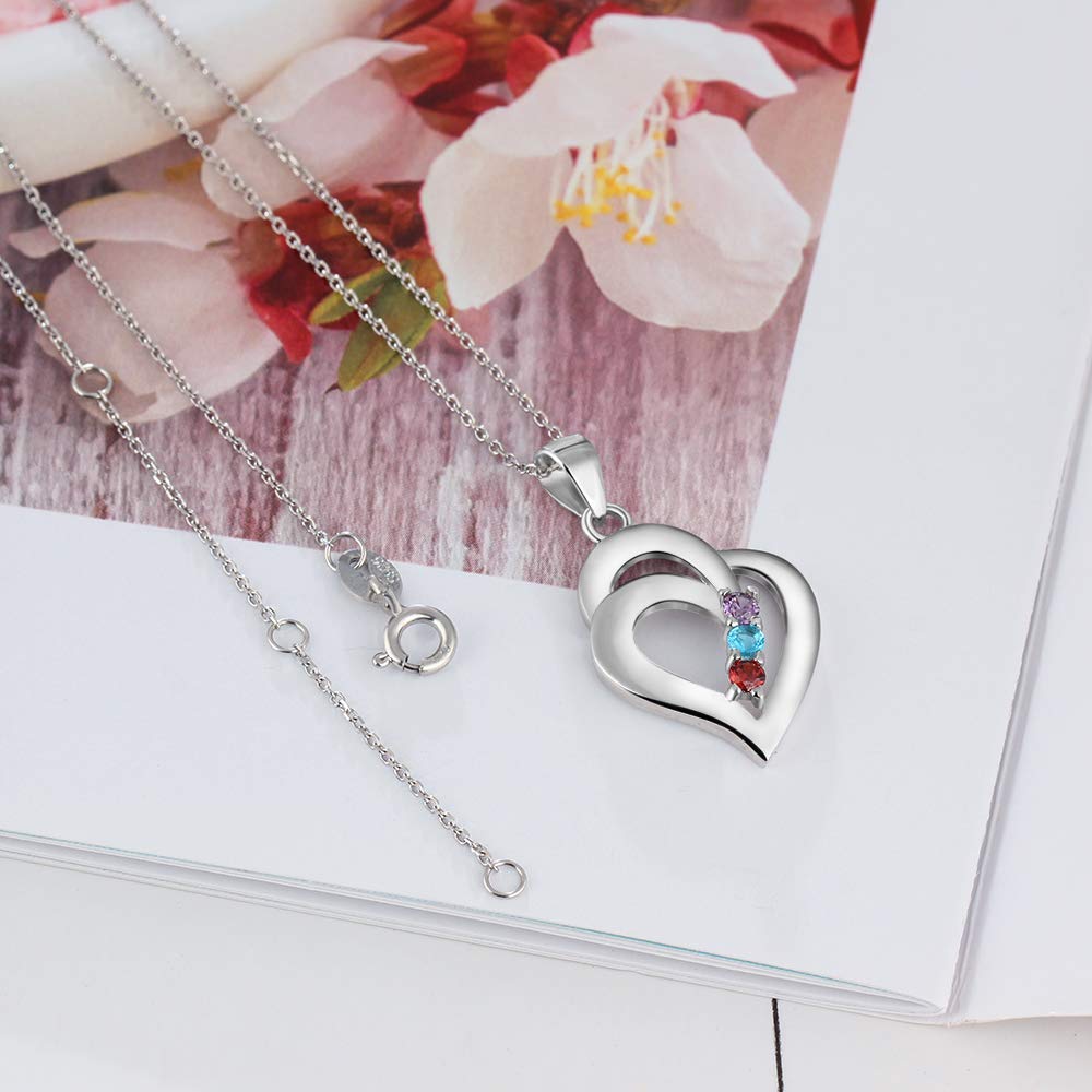 Custom Sterling Silver Mothers Necklace - 3 Birthstones & Engraved Names - Heart Pendant for Family Gifts & Special Occasions