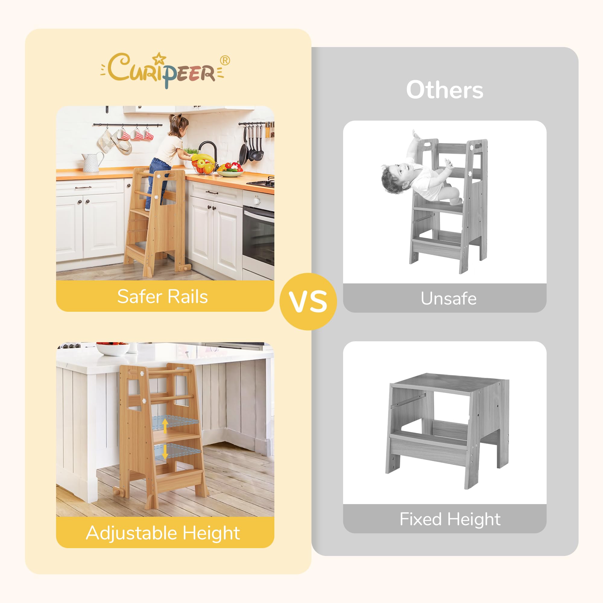 Adjustable Height Toddler Kitchen Step Stool with Safety Rails - Dark Natural Wooden Standing Tower for Kids, Perfect for Kitchen Counter, Bathroom Sink, Bedroom Dressing & Playroom Activities