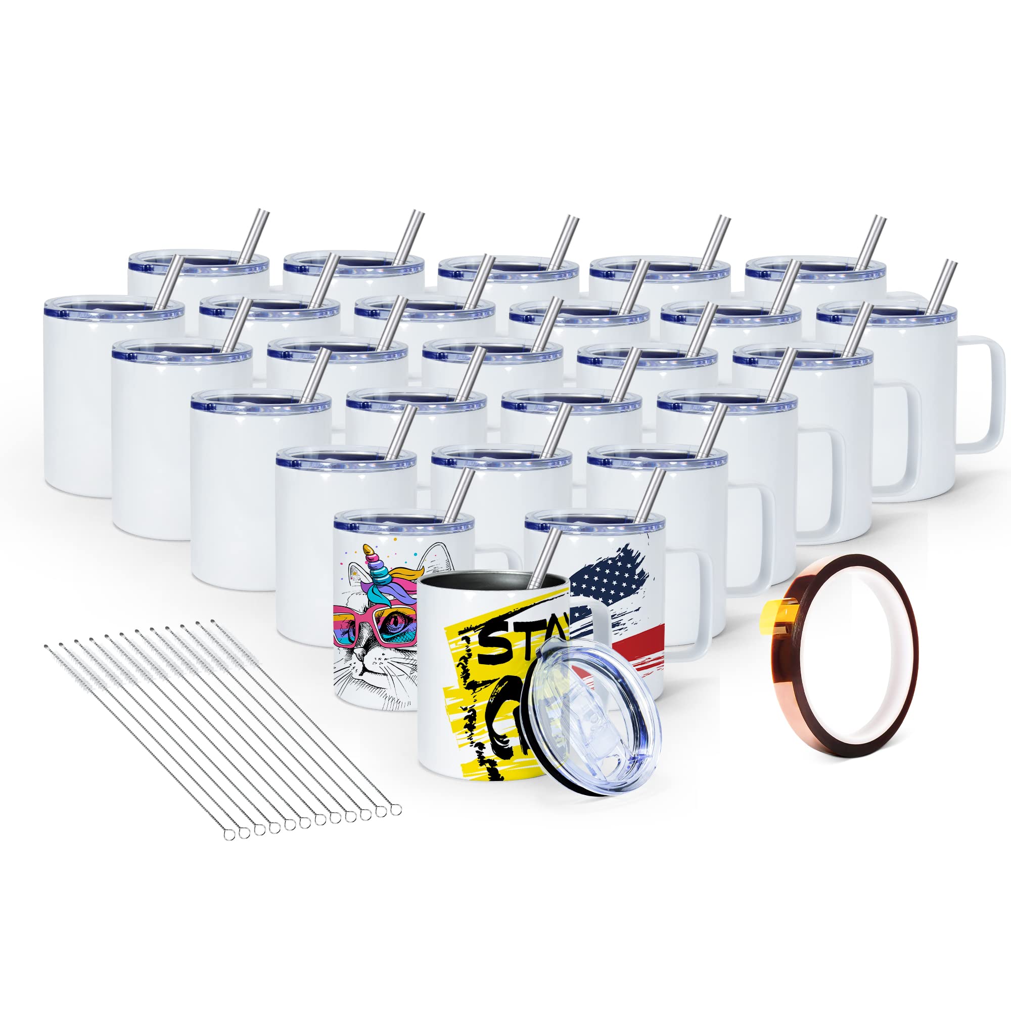 25-Piece Sublimation Mugs Set - 12oz Stainless Steel Coffee Tumblers with Handle, Double Wall Insulated, Splash-Proof Lid, Includes Straw & Brush - Perfect for DIY Custom Printing with Cricut Mug Press, Great for Home, Office & Gifts