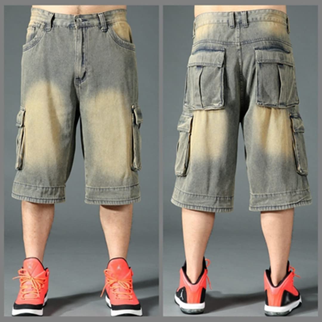 Men's Baggy Denim Shorts - Hip Hop Loose Fit 3/4 Length Cargo Jean Shorts with Pockets | Casual Streetwear & Summer Workwear