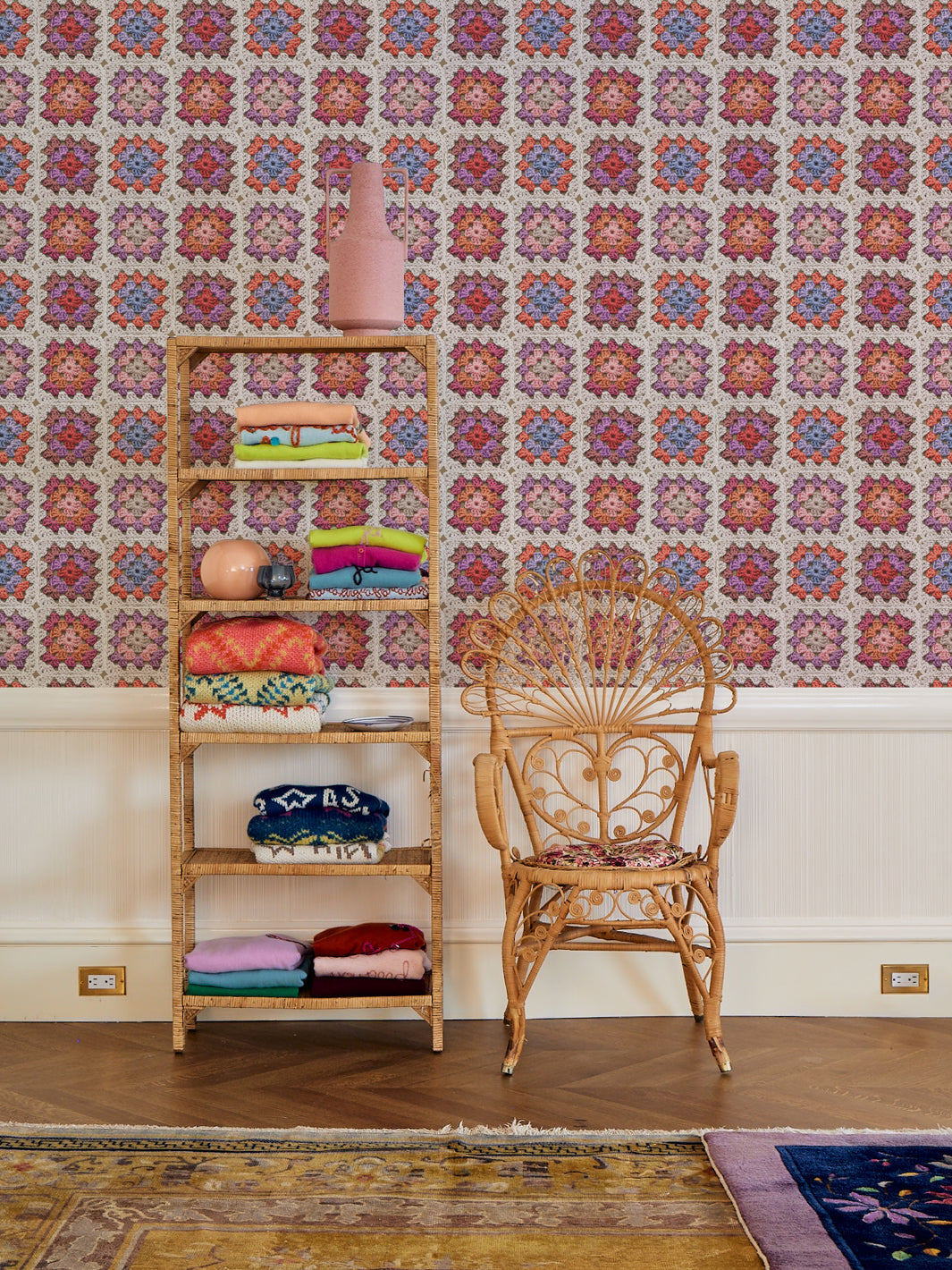 Lingua Franca Granny Squares Wallpaper - Pink Coral Floral Pattern | Perfect for Bedroom, Nursery & Boho Home Decor
