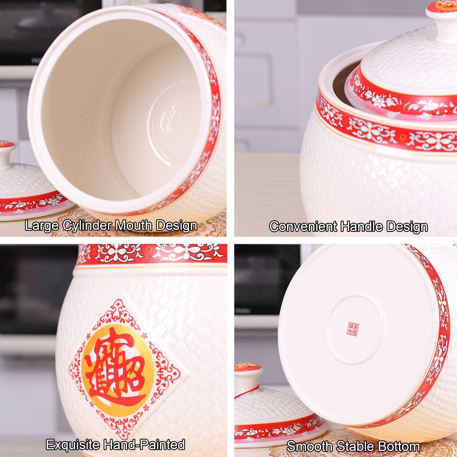 Premium Large Ceramic Rice Storage Container with Airtight Lid - 30x36cm (12x14in) Grain Dispenser for Rice, Noodles & Dry Food - Ideal for Kitchen Pantry Organization & Bulk Food Storage