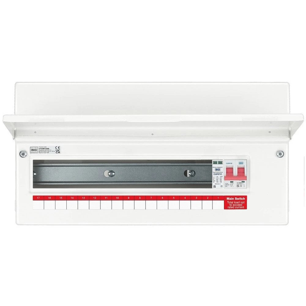 BG Fortress 16 Way 100A Main Switch Consumer Unit with SPD CFUSW16SPD - 16 Circuit Electrical Distribution Panel with Surge Protection for Home & Commercial Use