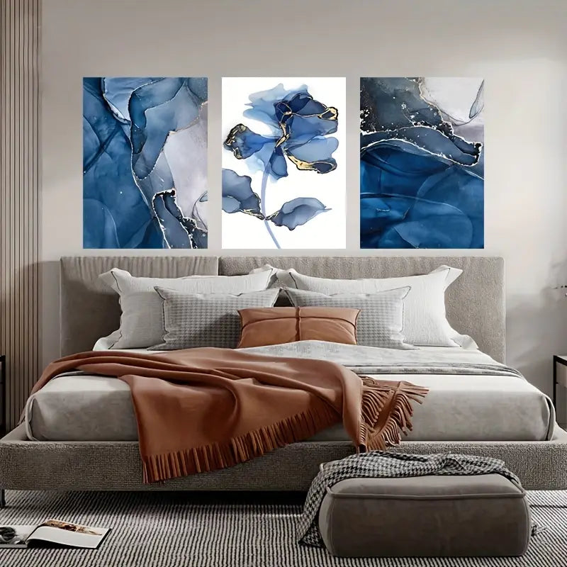 3-Piece Abstract Blue Flower & Waterfall Metal Wall Art - Ready to Hang Modern Home Decor for Living Room, Bedroom & Office