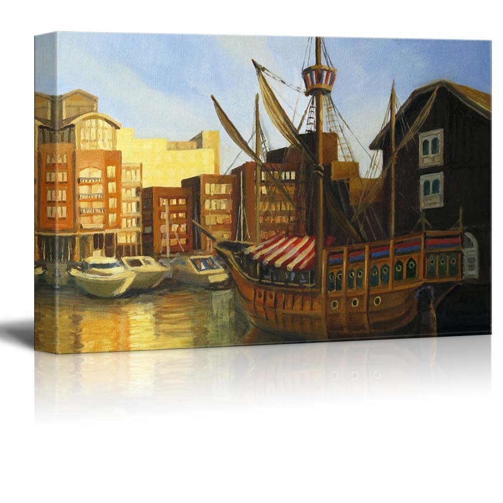 Stunning Canvas Wall Art - Oil Painting Style Sunset at St Katharine Docks London | 32x48 Inch Modern Home Decor for Living Room, Bedroom & Office