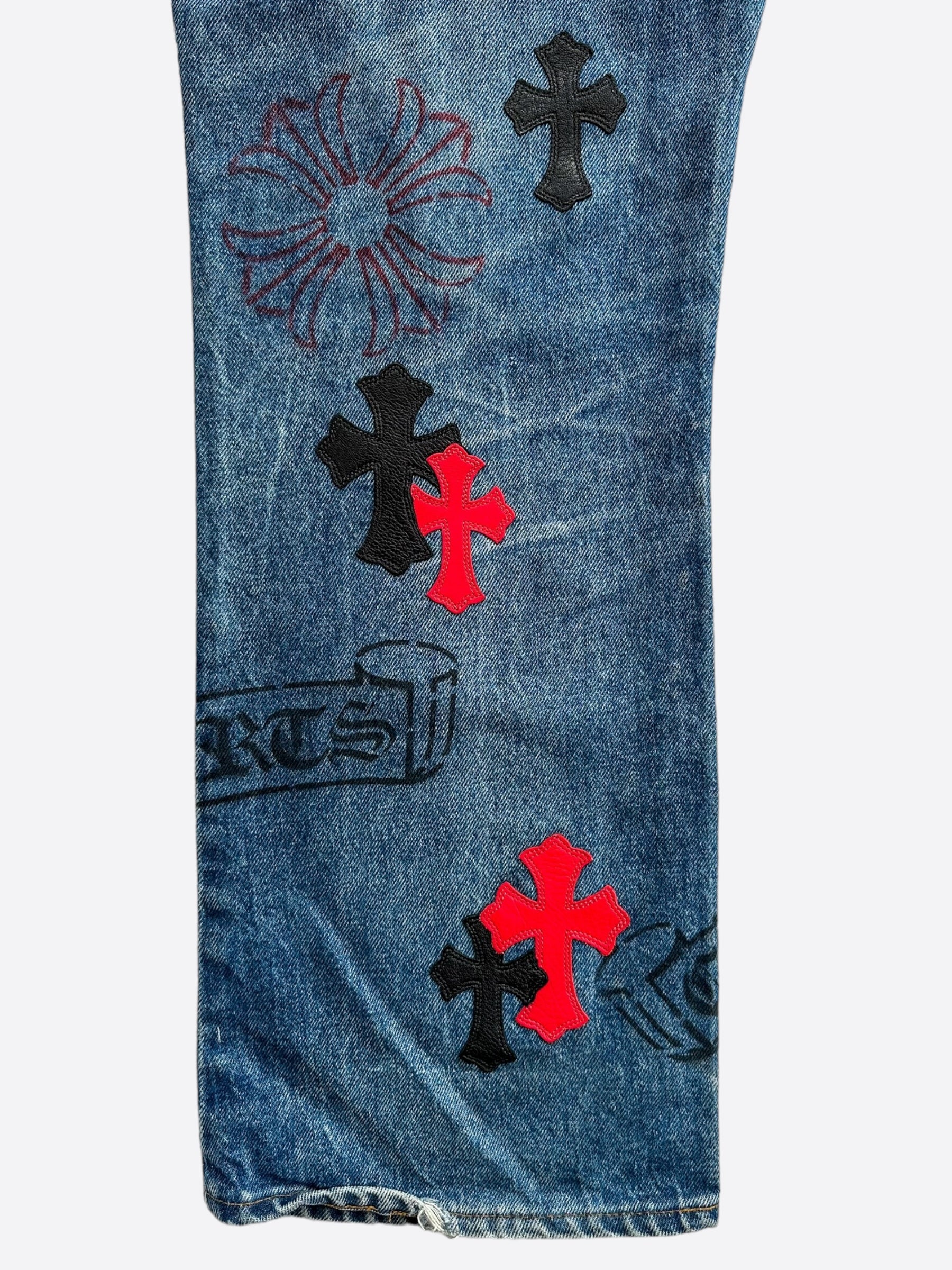 Chrome Hearts x Levi's Blue Black & Red Cross Patch Stencil Jeans for Men - Vintage Distressed Denim Pants for Casual Wear & Street Style