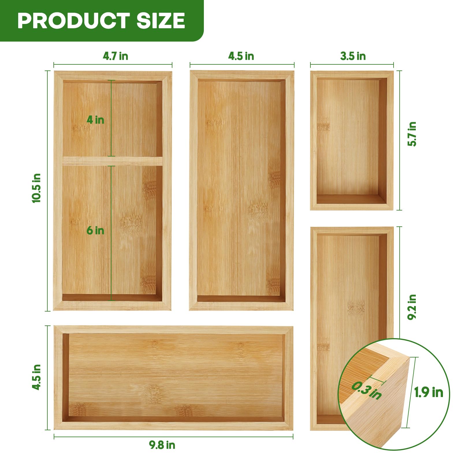 5-Piece Bamboo Drawer Organizer Set - Multi-Use Wooden Storage Trays for Kitchen, Bathroom, Office & Jewelry | Drawer Dividers & Container Organizers for Utensils, Makeup & Small Items | Perfect for Home Organization & Decluttering