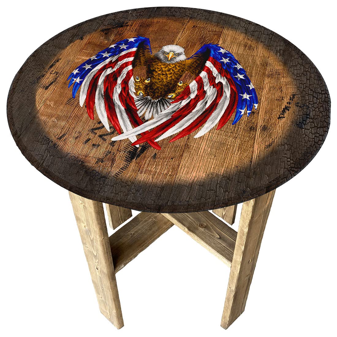American Flag Eagle Wooden Whiskey Barrel End Table - Rustic Farmhouse Decor, Patriotic Gift for Home & Office | Perfect for Living Room, Patio, or Man Cave
