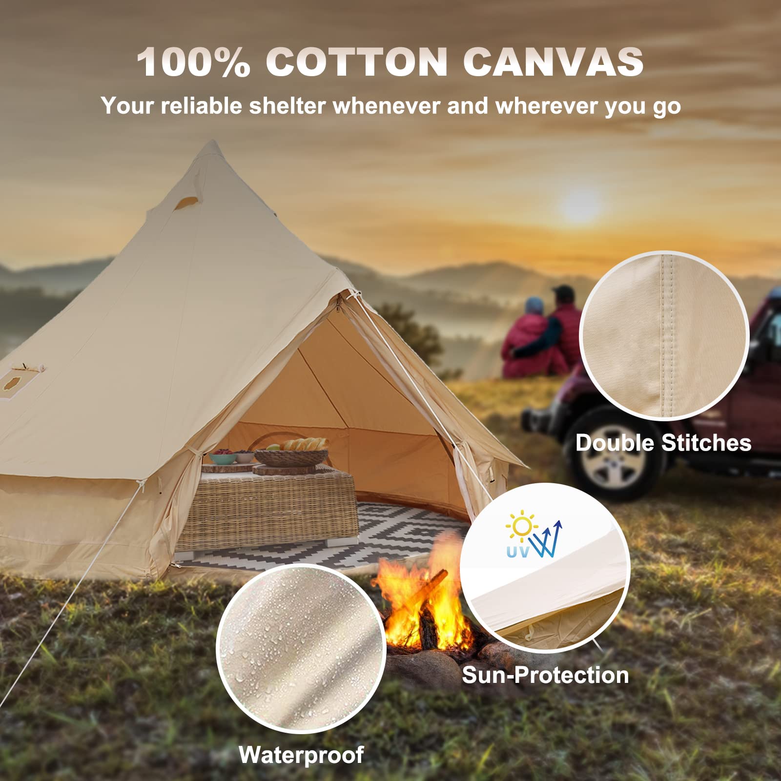 Happybuy 4-Season Canvas Bell Tent - 100% Cotton Breathable Yurt Tent with Stove Jack | Waterproof Luxury Glamping Tent for Family Camping, Outdoor Hunting & Parties | Perfect for Backyard Gatherings, Music Festivals & Wilderness Adventures