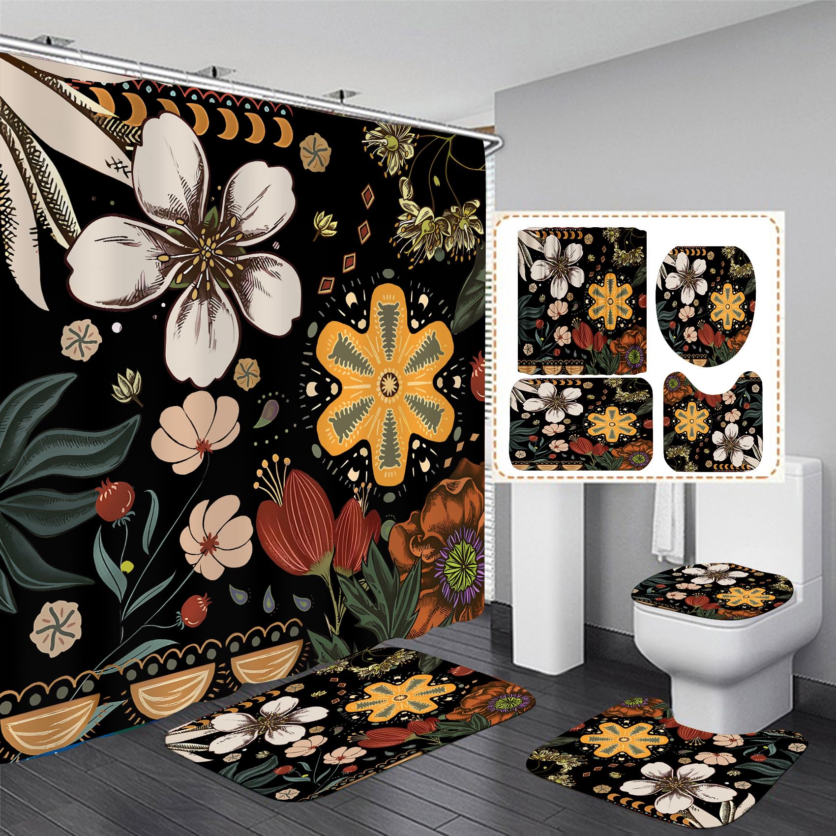Boho Shower Curtain Set - 4 Piece Black Bathroom Decor with Waterproof Shower Curtain, Non-Slip Rugs & Hooks | Modern Bathroom Accessories for Spa, Hotel & Home Decor