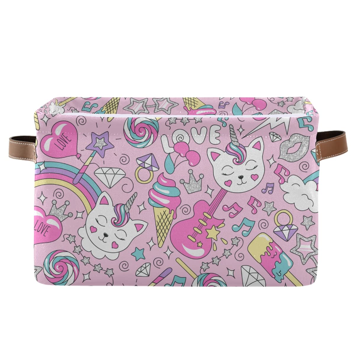 Pink Unicorn Kitten Collapsible Storage Basket - Waterproof Canvas Bin with Handles for Nursery, Toys, Books & Closet Organization | Perfect for Kids' Bedroom, Playroom & Home Decor