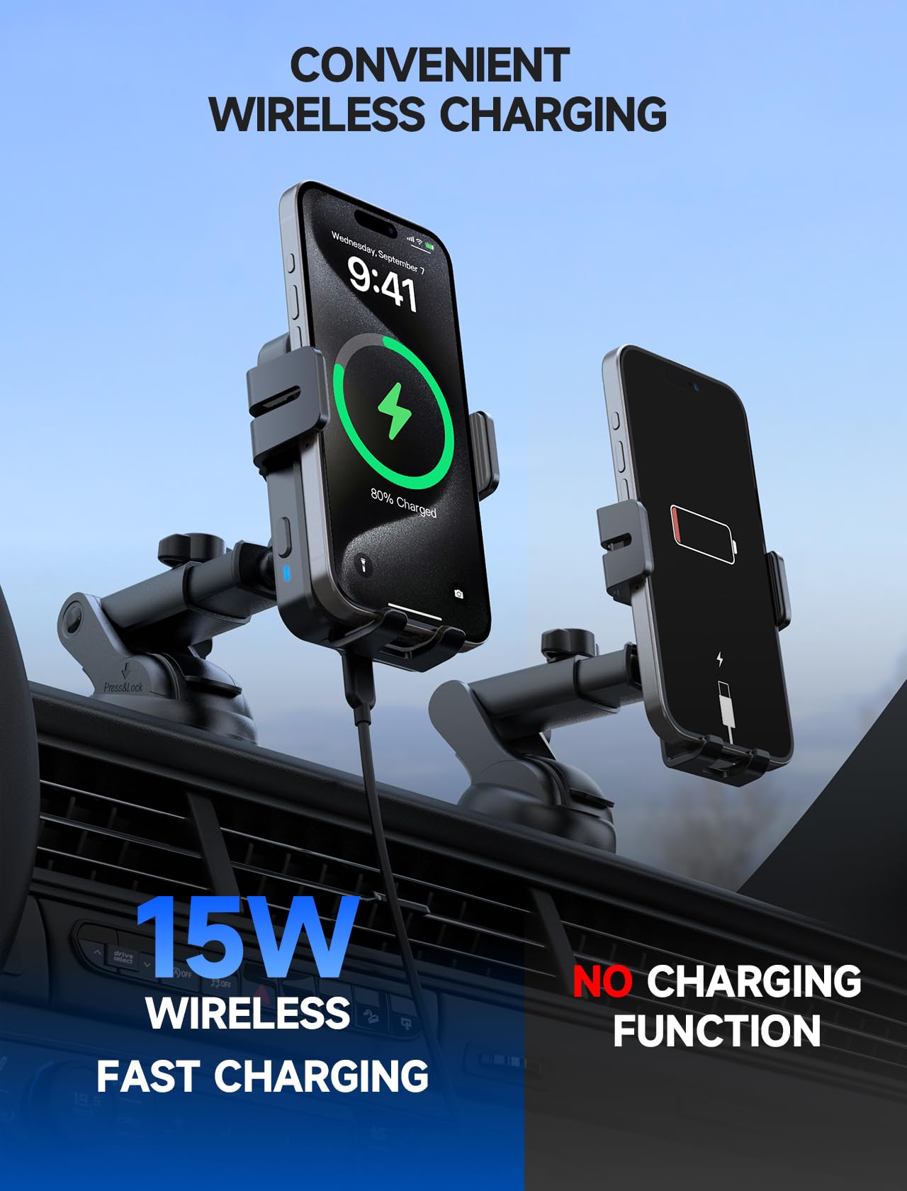 15W MOKPR Auto-Clamping Wireless Car Charger - Fast Charging Phone Holder for iPhone 16/15/14/13/12/11/X/8 & Samsung S24/S23/S22 - Compatible with Dashboard, Windshield & Air Vent Mounts | Perfect for Road Trips & Daily Commutes