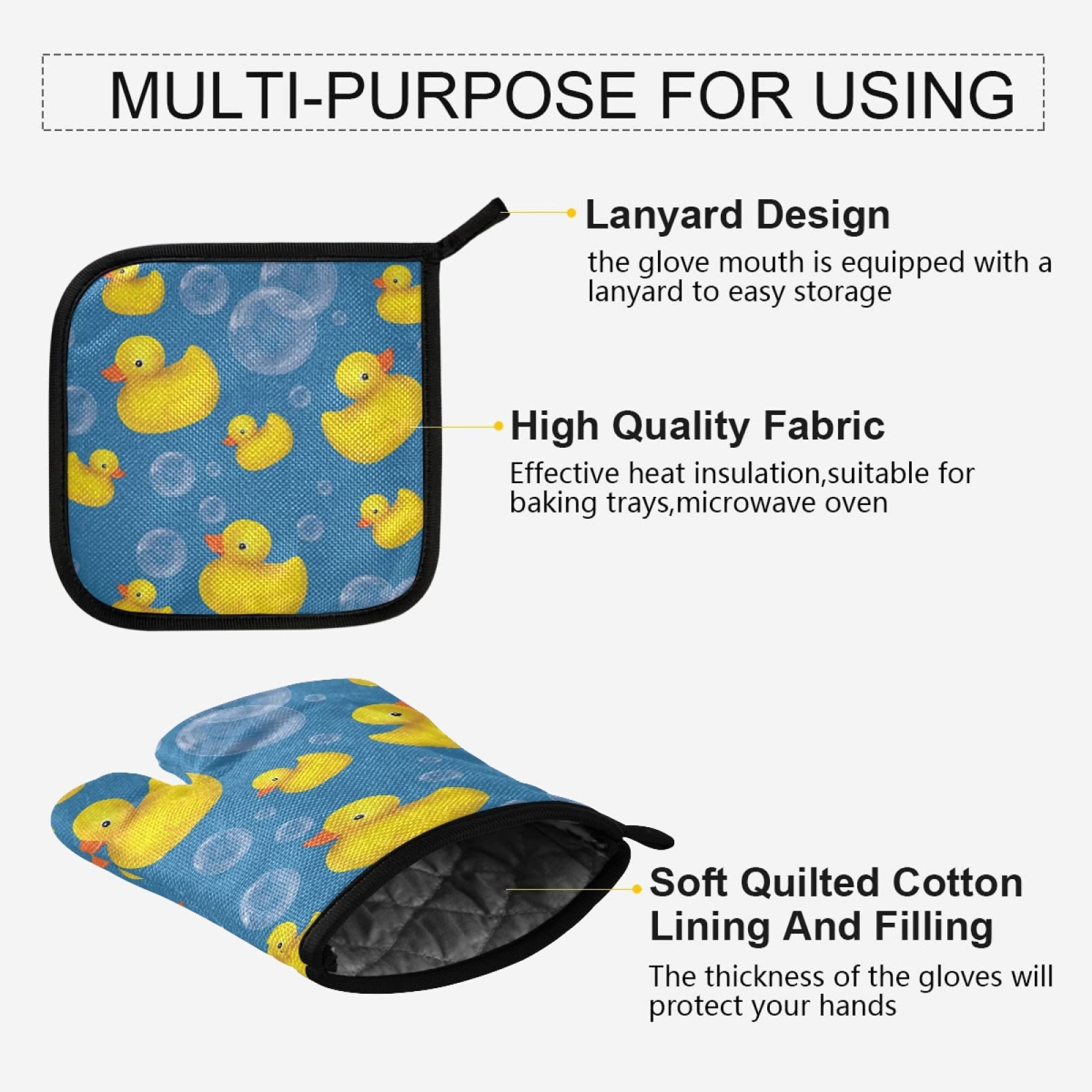 Heat Resistant Yellow Rubber Duck Oven Mitts & Pot Holders Set - Kitchen Cooking Gloves for Baking, Grilling, Microwave - Fun & Safe Kitchen Accessories for Home Chefs