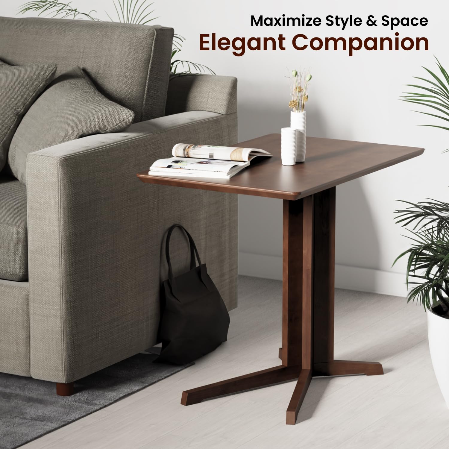 Premium Bamboo C-Shaped Side Table with Wheels - Small Coffee Table, End Table & Sofa Table - Sliding Under Couch for Living Room - Laptop Stand & Rolling TV Tray for Eating - Perfect for Small Spaces, Bedroom, Office & Dorm Use