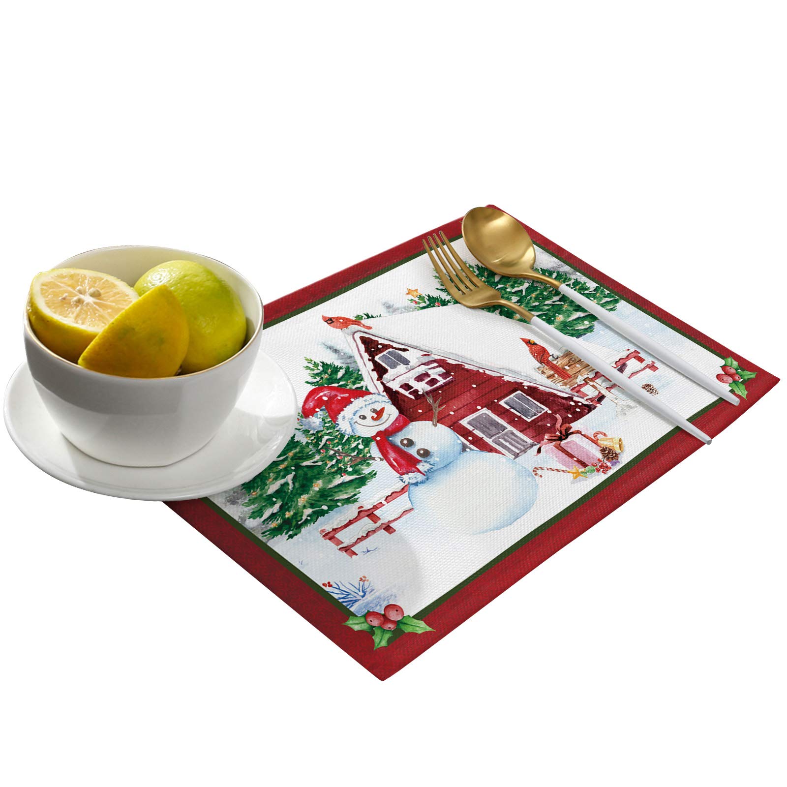 Winter Christmas Red Barn Robin Placemats Set of 4 - 13x19 Inch Washable Cotton Linen Table Mats for Dining Table, Kitchen, Party & Wedding | Cozy Holiday Decor & Festive Dinner Setting