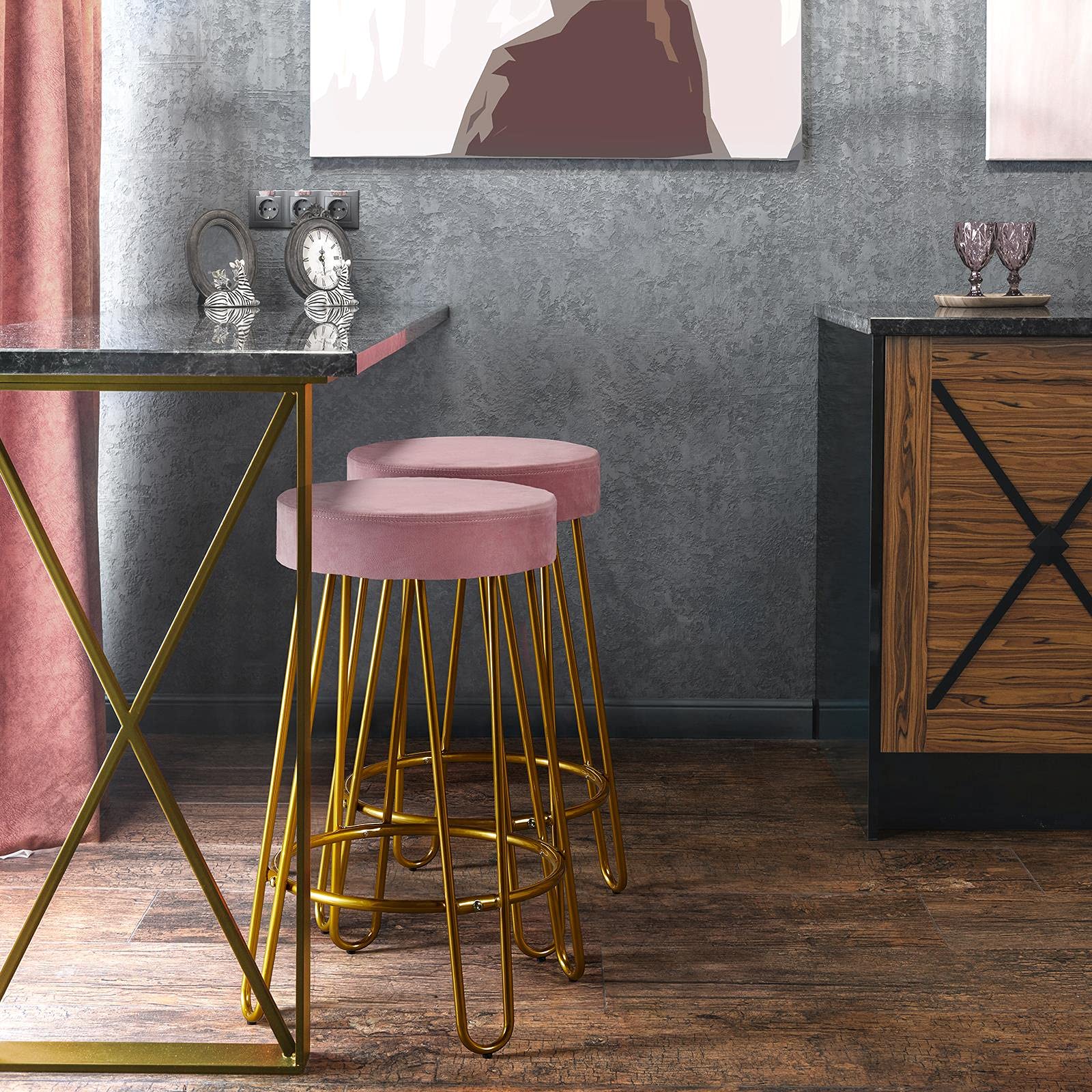 Yaheetech 4-Pack Velvet Round Bar Stools with Golden Legs - Backless Counter Height Stools for Kitchen, Dining Room, Pub & Cafe - Soft Pink Velvet Upholstery - Perfect for Breakfast Bars, Kitchen Islands & Home Decor
