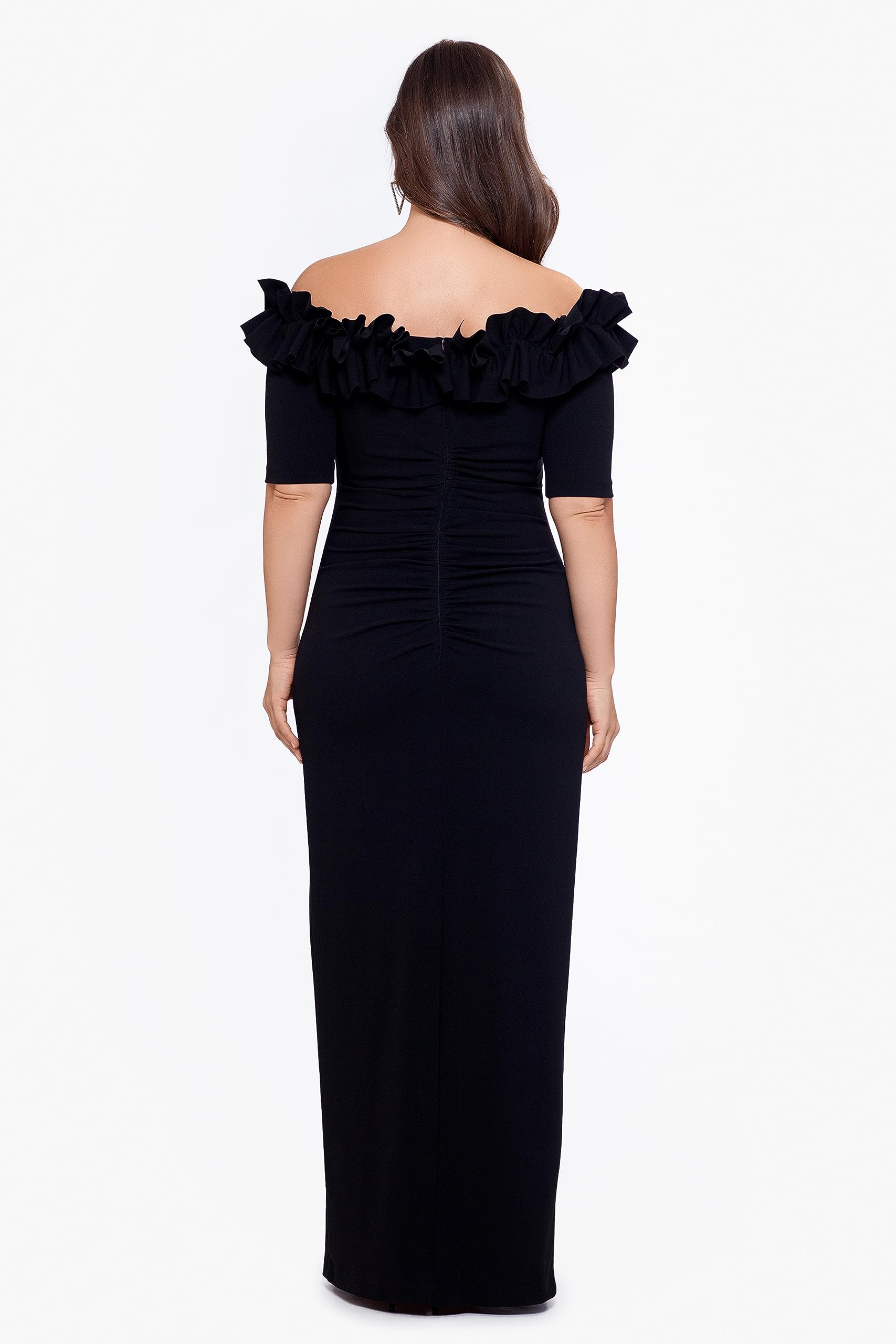 Xscape Women's Plus Size Long Off The Shoulder Ruffle Scuba Crepe Dress - Elegant Formal Gown for Weddings, Parties & Special Occasions