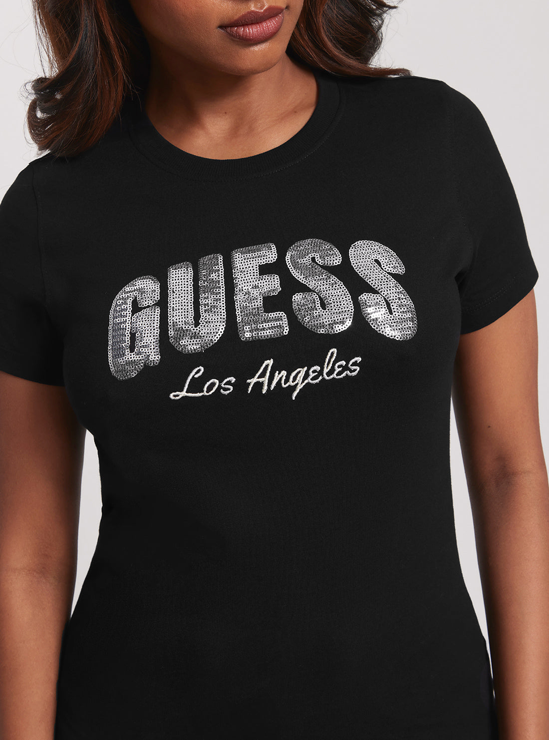 Eco-Friendly Black Sequin Logo T-Shirt for Women - Sustainable Fashion for Casual Wear & Parties