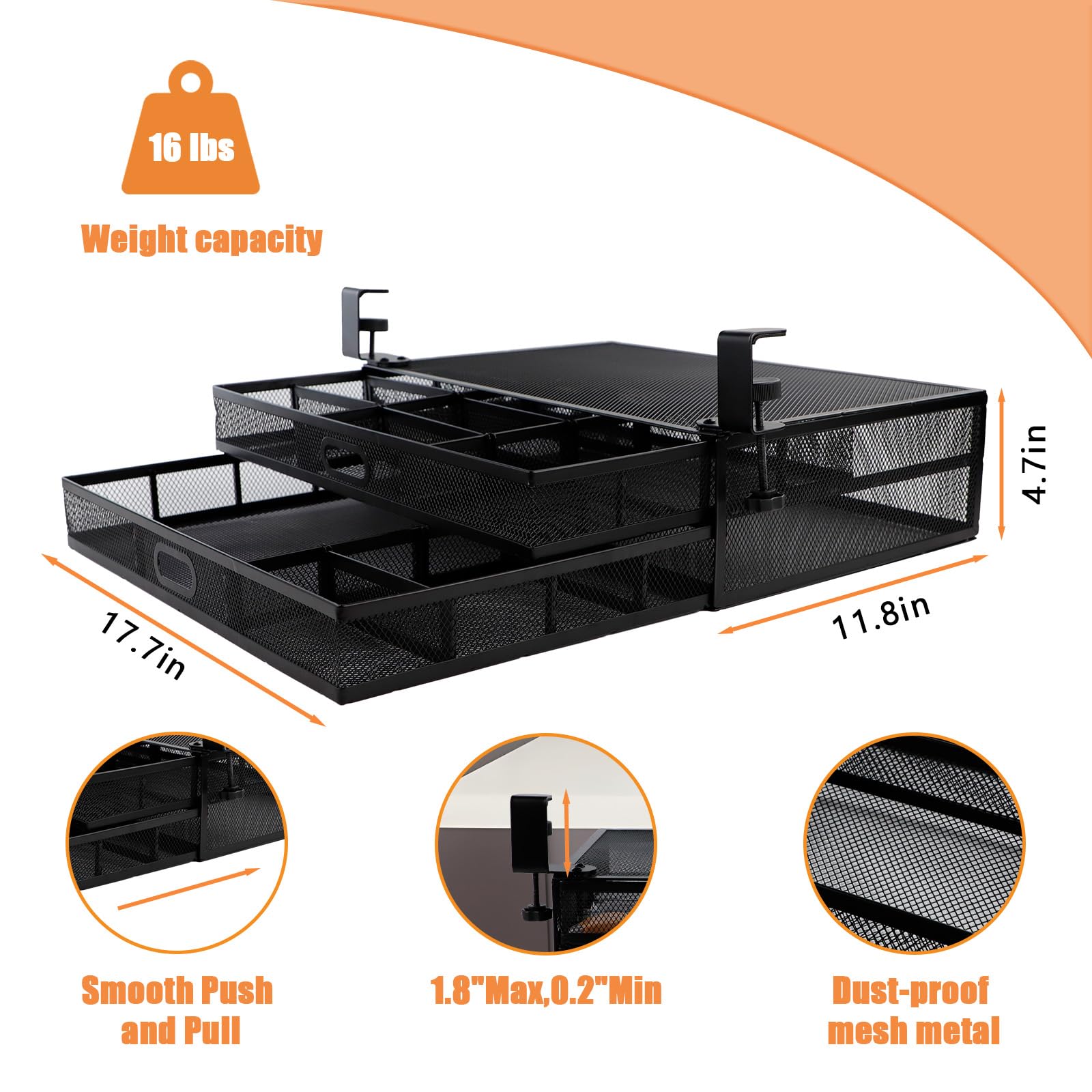 Under Desk Drawers - No Drill 2-Tier Slide Out Storage Organizer | Clamp-On Large Capacity Desktop Drawer for Office, School & Home | Perfect for Storing Stationery, Files & Office Supplies