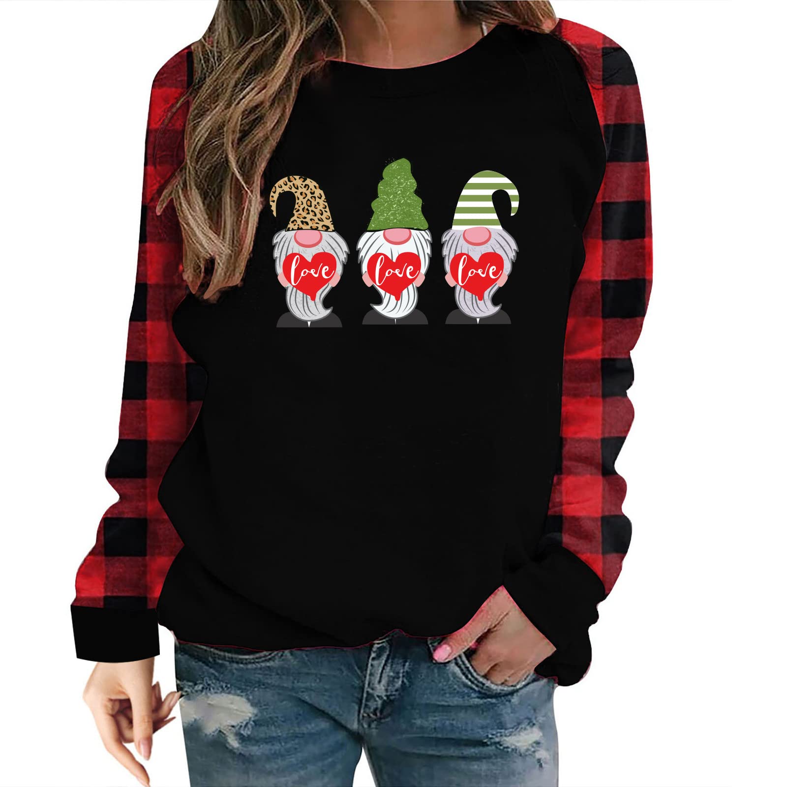 Neoucdy Women's Long Sleeve Graphic Crewneck Sweatshirt - Cute Christmas Hat Print Casual Blouse for Holiday Parties & Winter Outfits