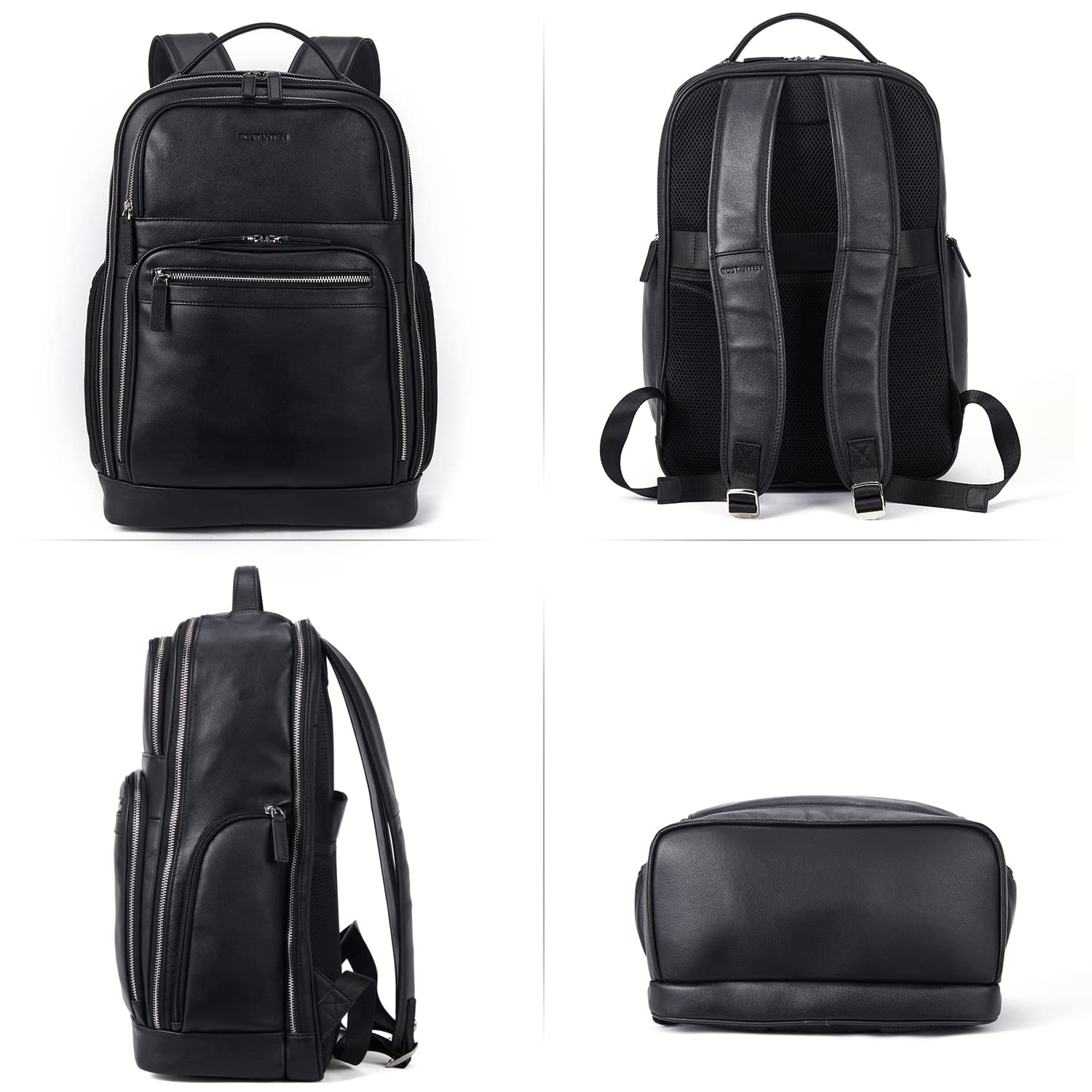 BOSTANTEN Genuine Leather Backpack for Men - 15.6 Inch Laptop Backpack with USB Charging Port - Waterproof College Travel Backpack for Work, School & Business - Black