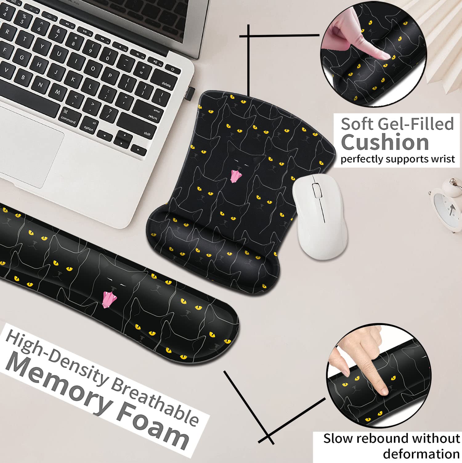 Ergonomic Black Mouse Pad with Wrist Guard & Keyboard Rest - Cute Cat Pattern Gel Mousepad for Computer, Laptop, Home Office & Gaming - Relieves Wrist Fatigue & Enhances Comfort During Long Work Sessions