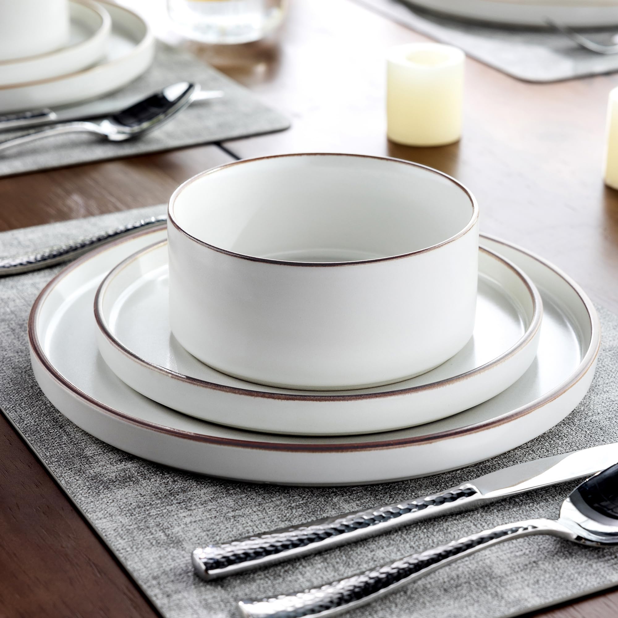 LERATIO 16-Piece Ceramic Dinnerware Set for 4, Stoneware Plates & Bowls with High Edge - Chip & Crack Resistant, Oven/Dishwasher/Microwave Safe - Vanilla White - Perfect for Family Dinners, Restaurant-Style Dining & Entertaining Guests
