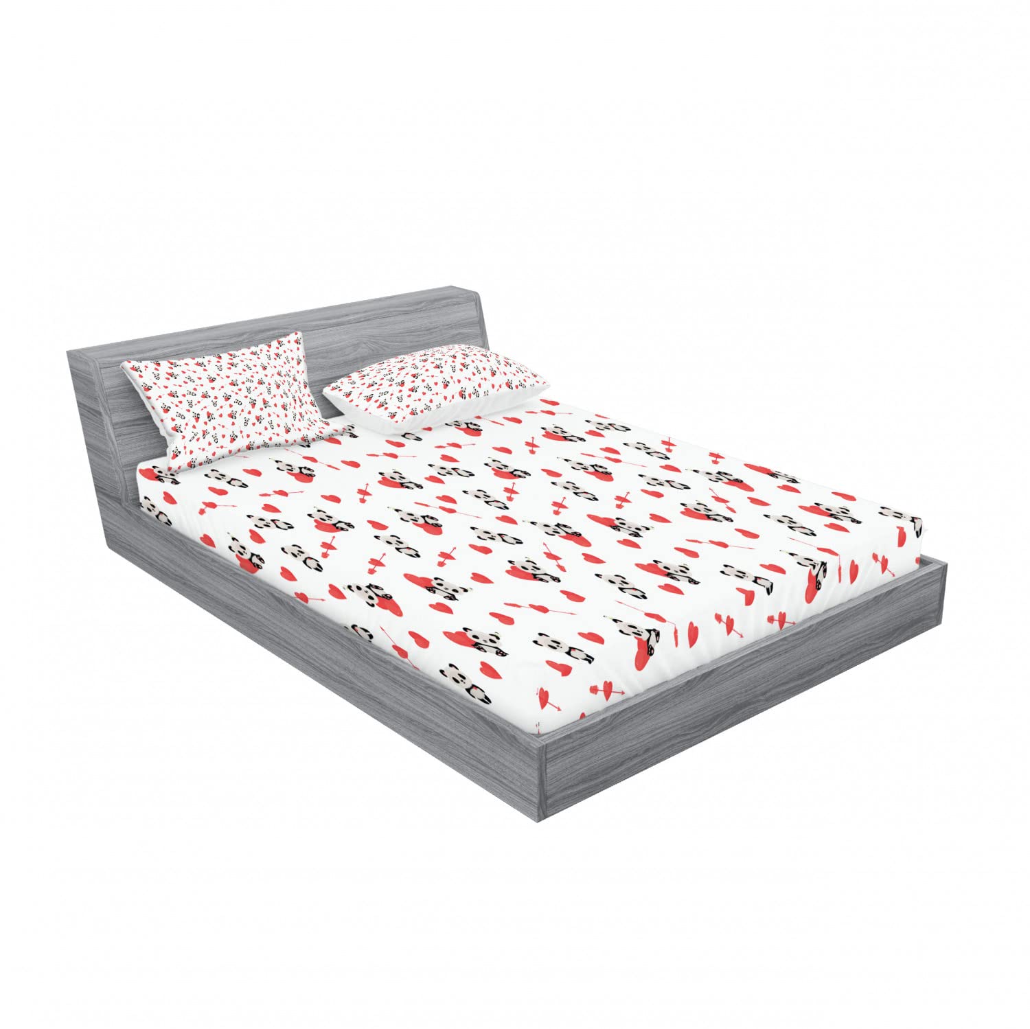 Ambesonne 2-Pack King Size Fitted Sheet & Pillow Sham Set - Cute Panda with Hearts Design, 4-Piece Bedding Set (2 Fitted Sheets + 4 Pillow Covers) in Vermilion Beige Black - Soft & Breathable for Cozy Bedroom Decor, Perfect for Kids Rooms, Guest Rooms & Panda Lovers