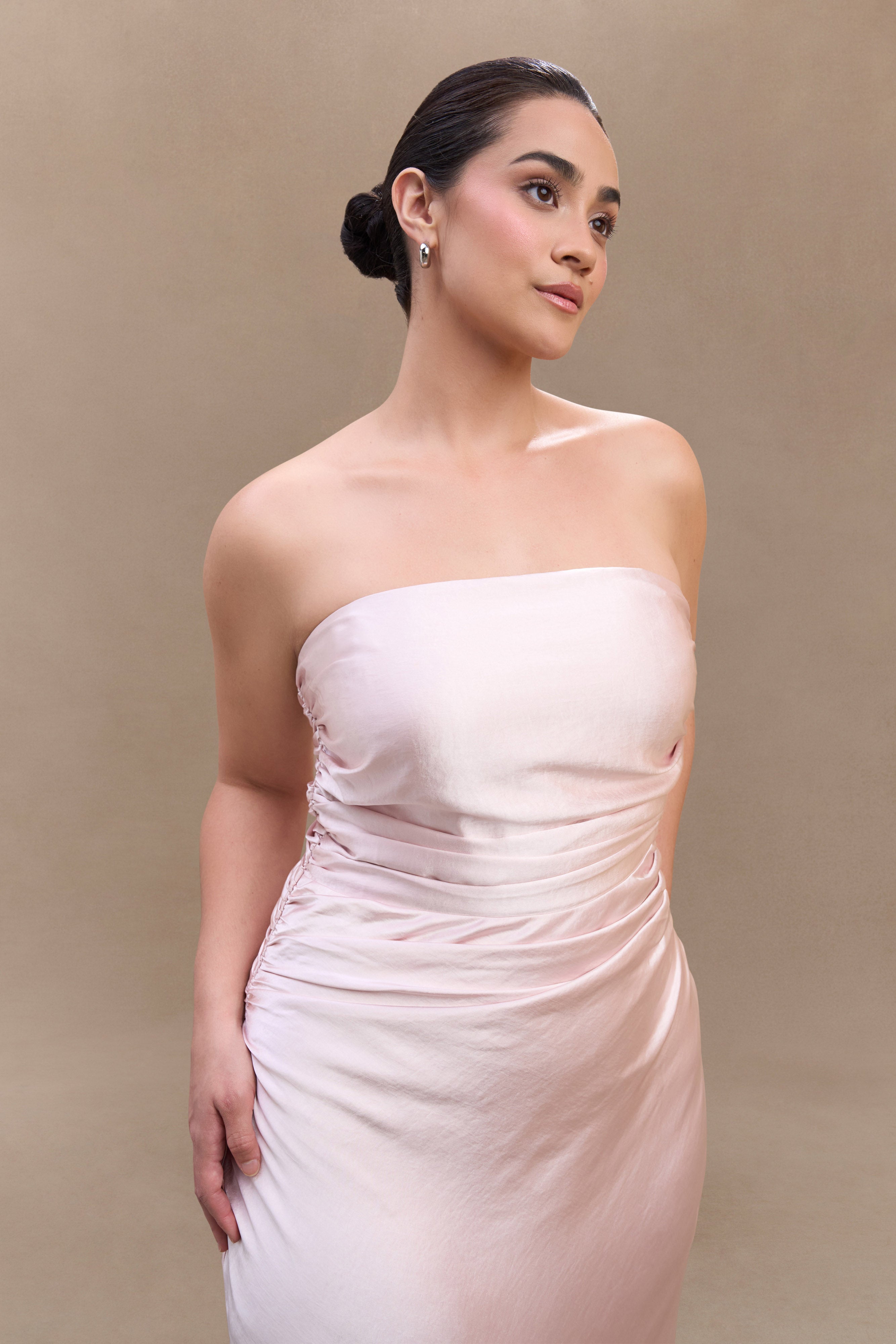 Elegant Strapless Satin Maxi Dress in Soft Pink - Perfect for Weddings, Parties & Summer Vacations