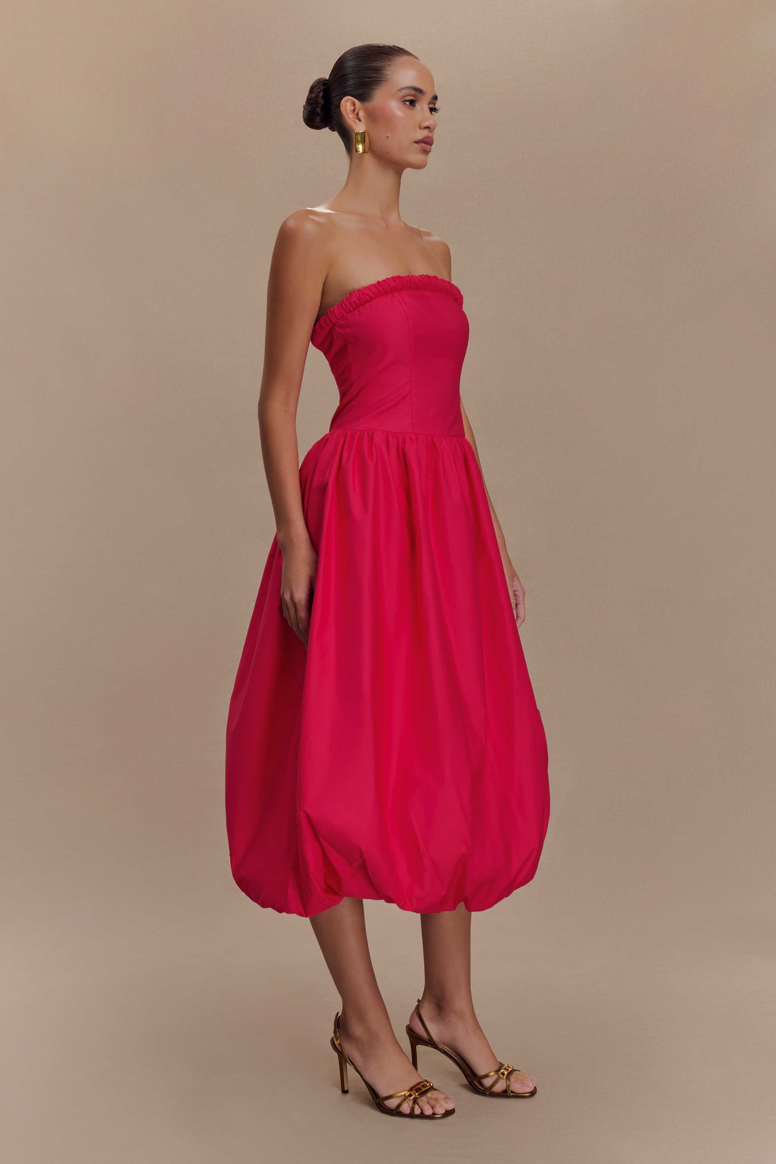 Dulce Puff Midi Dress for Women - Floral Print Summer Party Dress in Raspberry Pink | Perfect for Weddings, Cocktail Parties & Date Nights