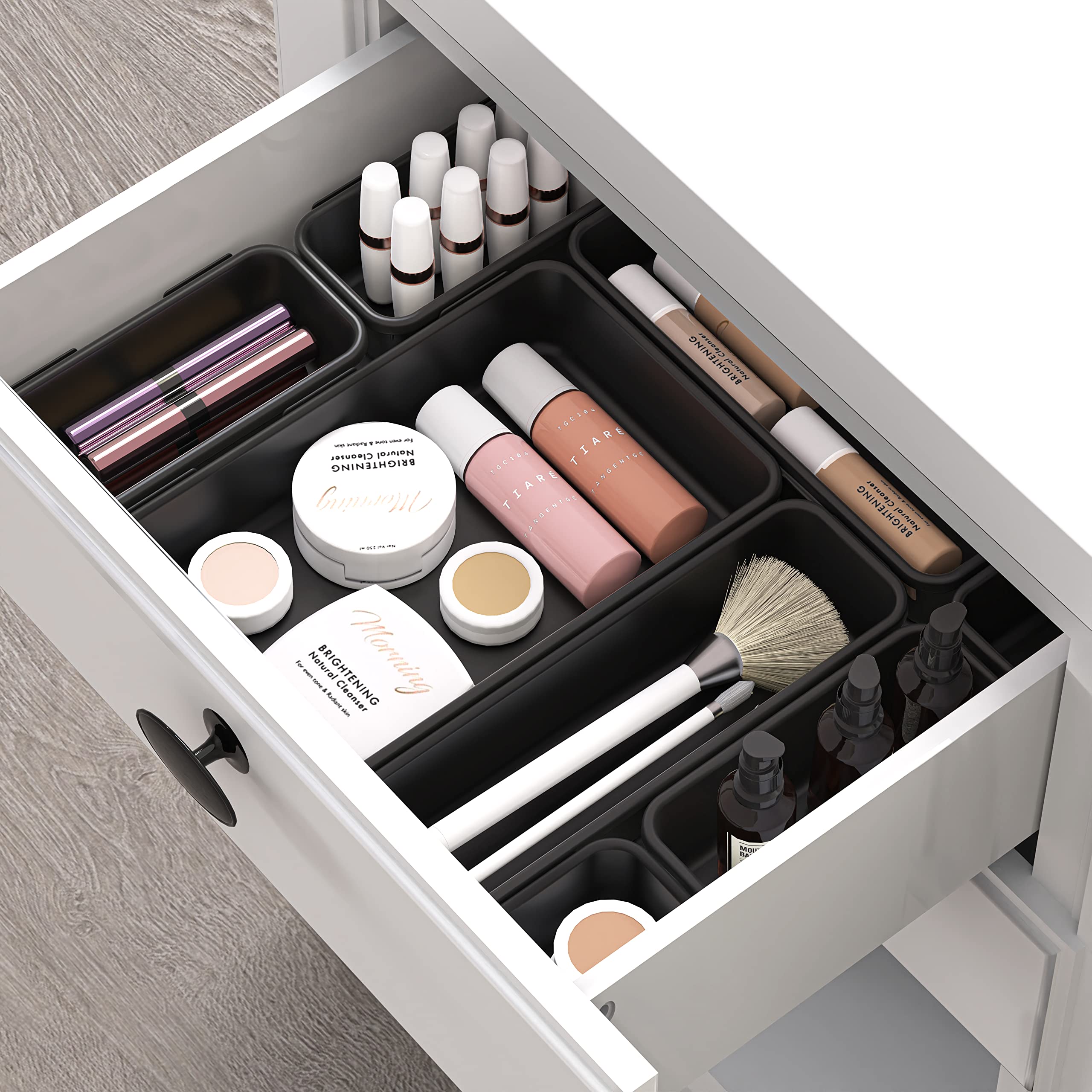 Interlocking Desk Drawer Organizer Bins - 10 Pack Black | Stackable Storage Containers for Office, Kitchen, Bathroom & Closet Organization
