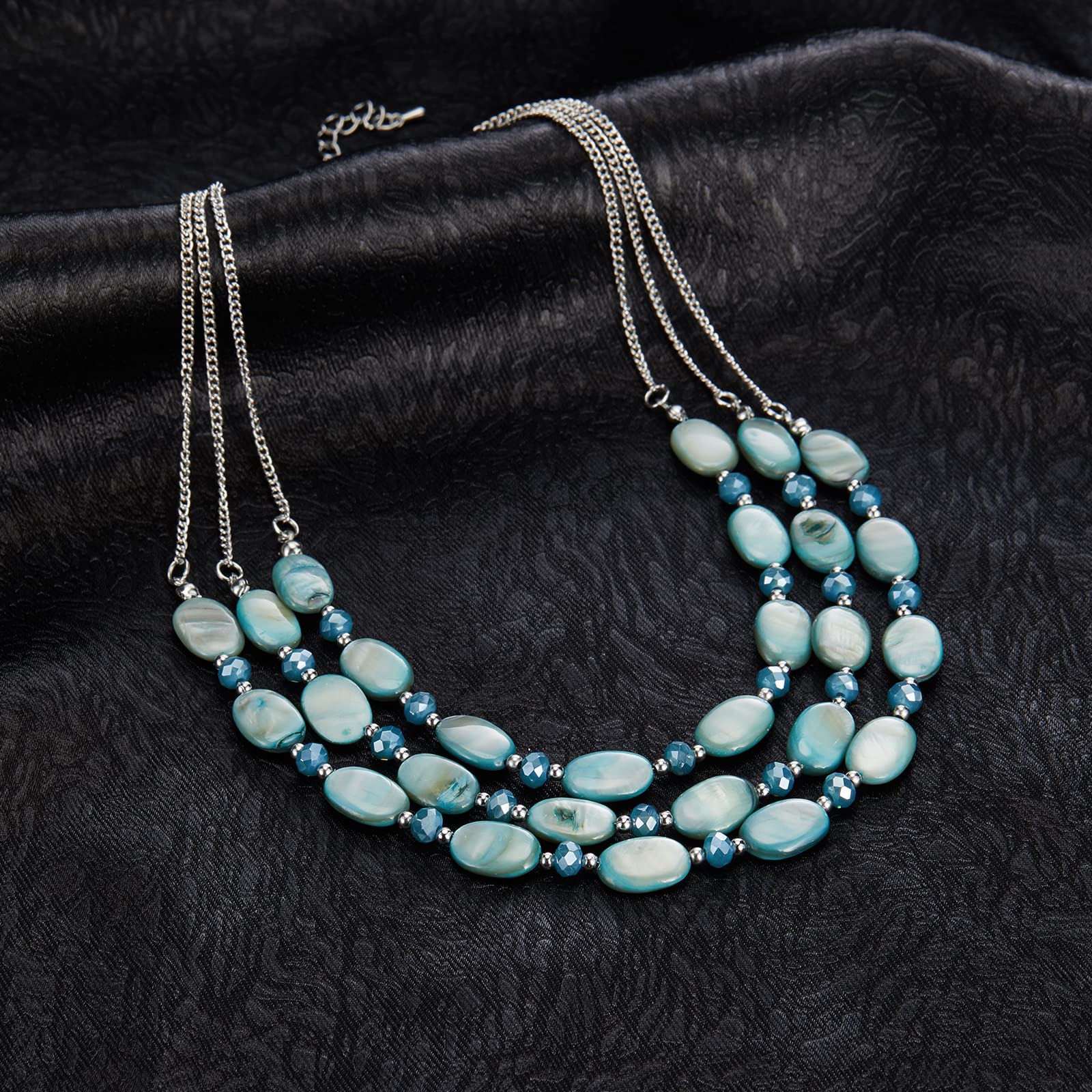 FULU AUTUMN Women's Chunky Layered Beaded Necklace - Silver Chain Statement Jewelry Gift for Her (Grey Blue) | Perfect for Casual Outfits, Office Wear & Special Occasions