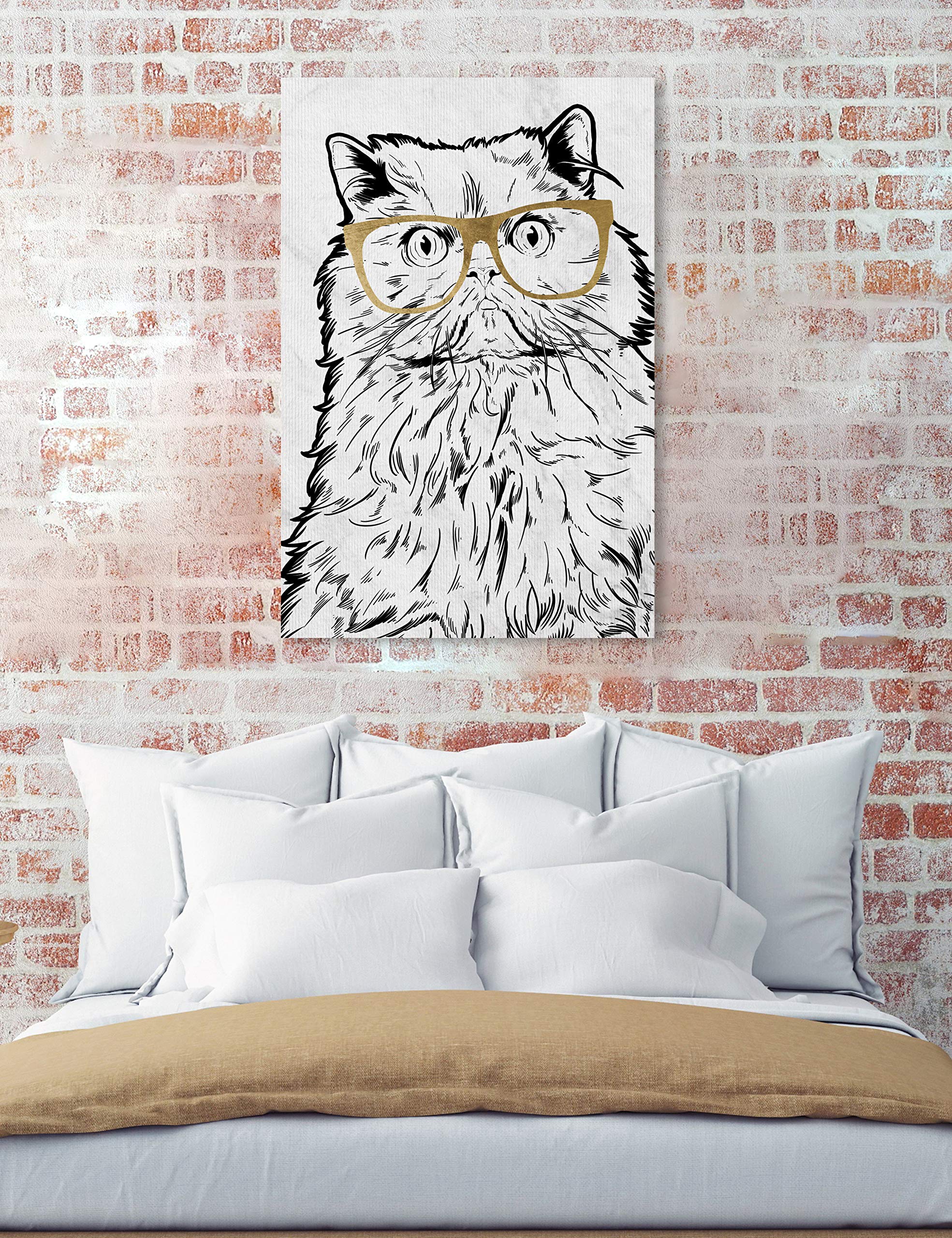 Cat with Gold Glasses Wall Art Canvas Print - 36x54 Inches Black & White Animal Painting - Perfect for Living Room, Bedroom or Office Decor