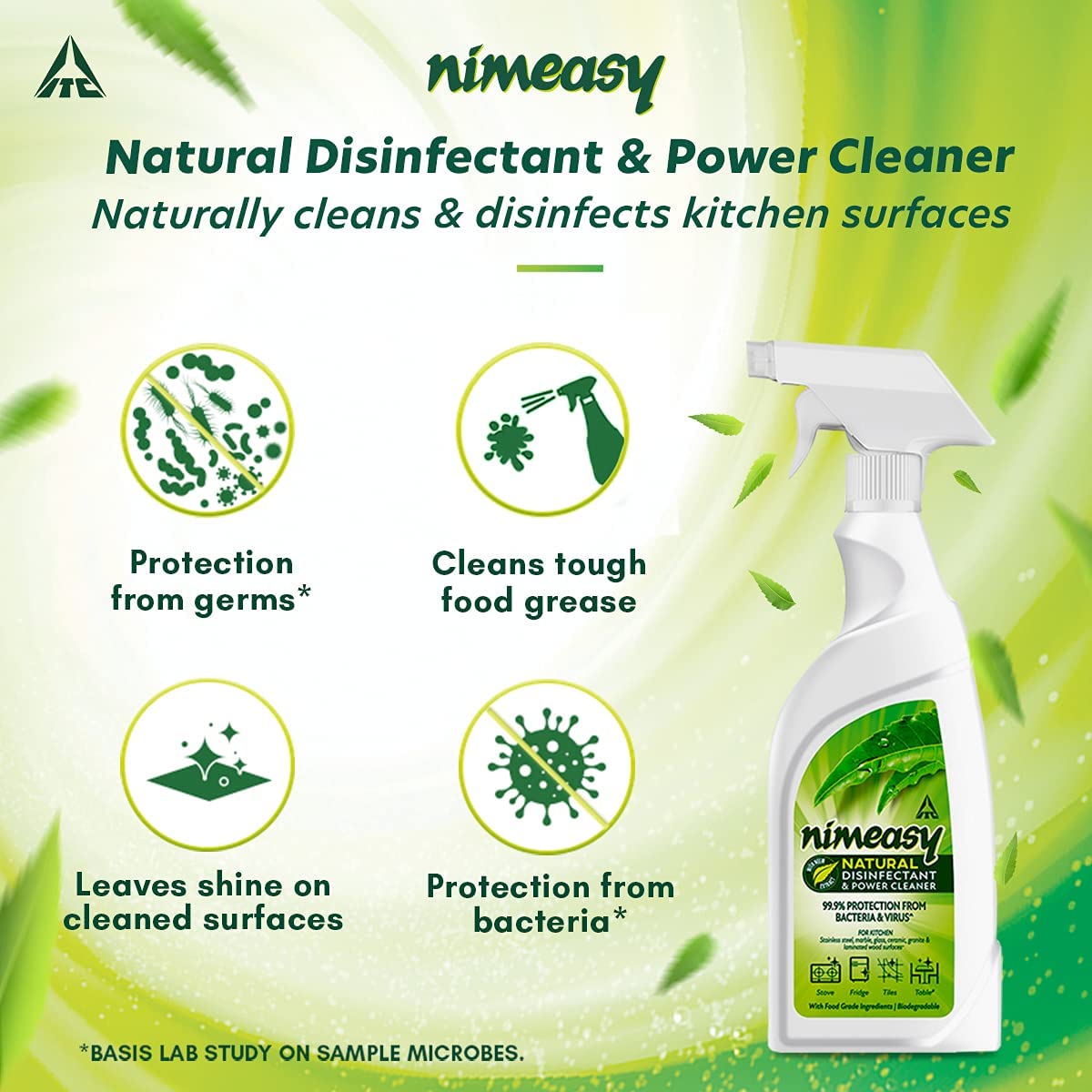 Nimeasy Natural Disinfectant & Power Cleaner Spray - 450ml Kitchen & Utensil Cleaner with 99.9% Germ Protection | Safe for Food Surfaces, Countertops, Cutting Boards | Eco-Friendly Cleaning Solution for Home & Restaurant Use