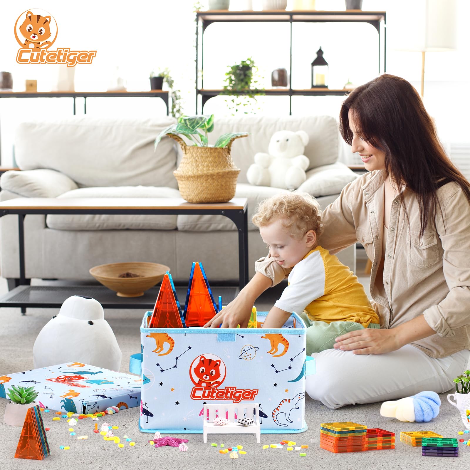 Foldable Storage Bin with Lid - Toy Organizer Box for Magnetic Tiles, Dolls & Playroom - Space-Saving Toy Holder for Kids' Room, Nursery & Daycare Organization