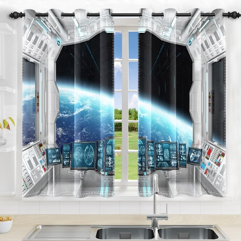 Futuristic Spacecraft Kitchen Curtains - Blackout Window Drapes with Planet View, 42x63 Inch (2 Panels) - Perfect for Sci-Fi Themed Rooms & Space Enthusiast Home Decor